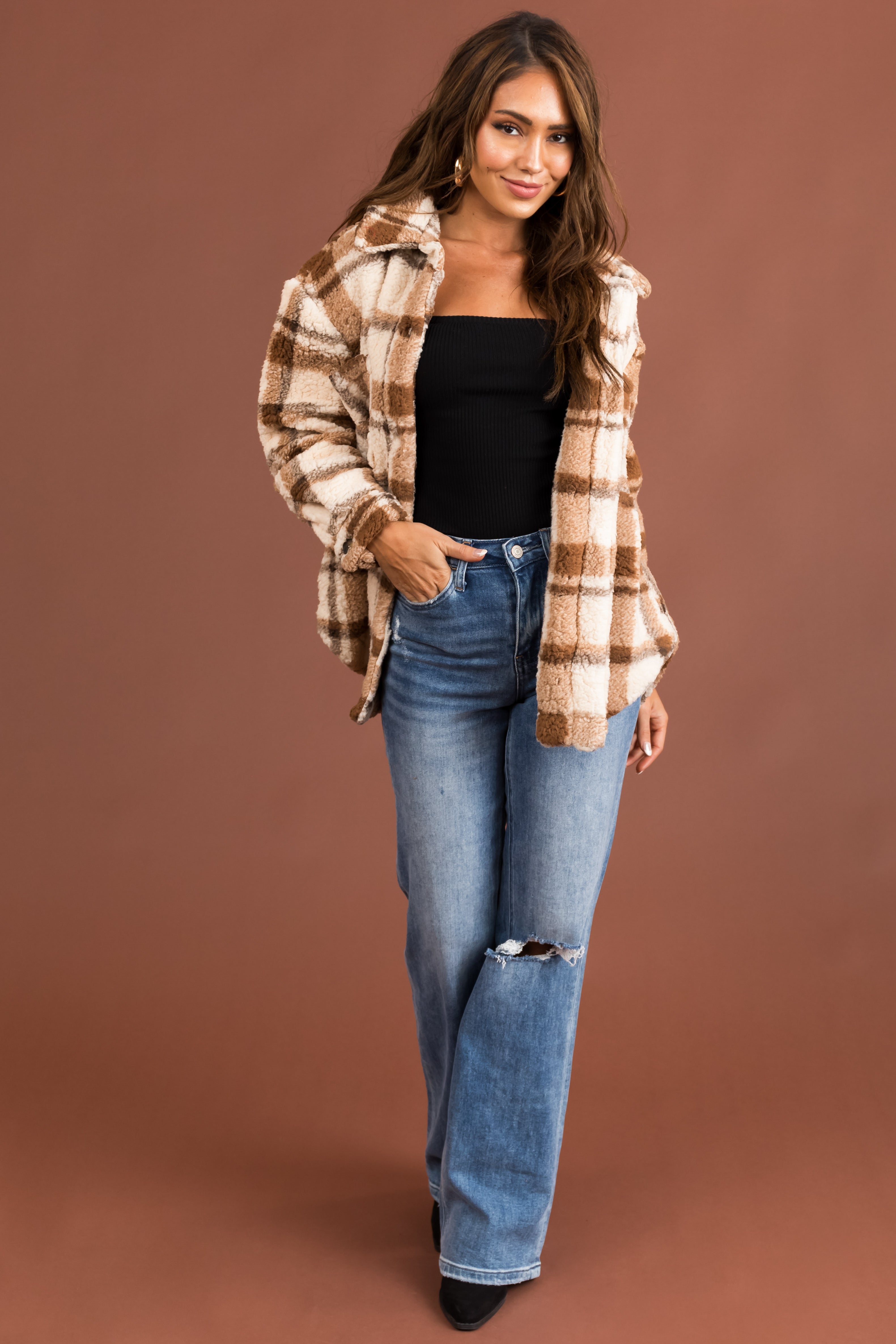 Brown Plaid Sherpa Button Down Shacket