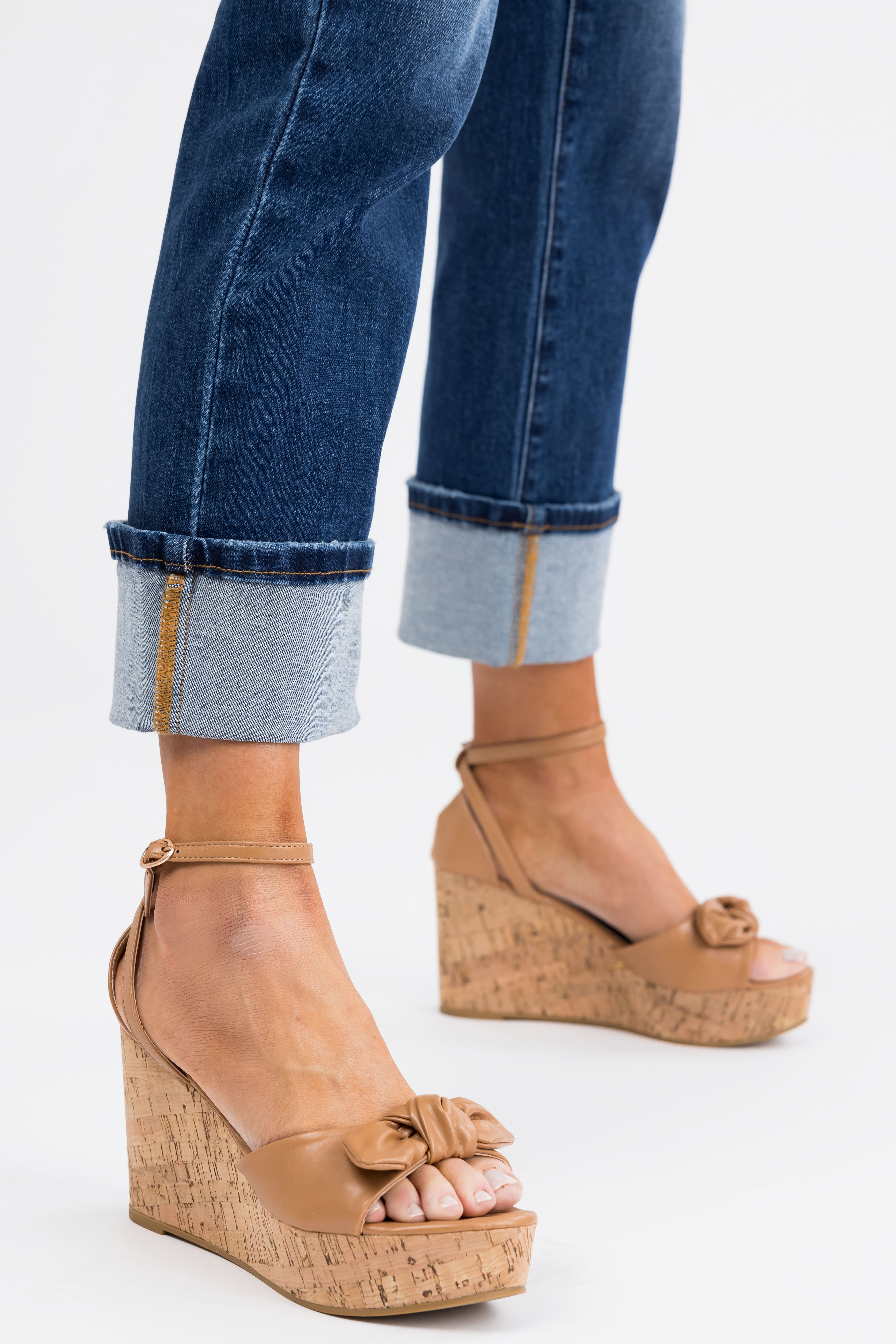 Brown Bow Open Toe Wedges