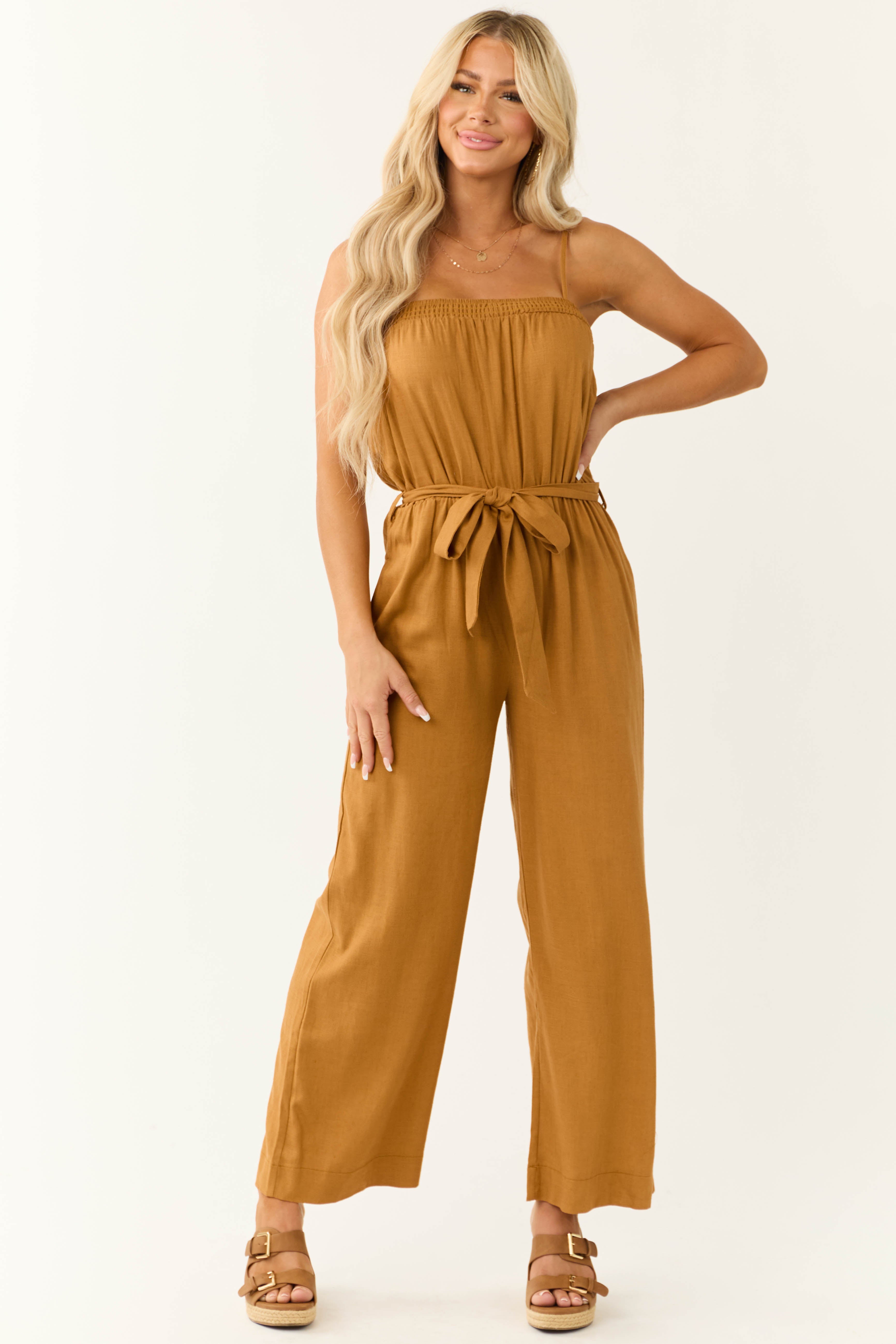 Brown Sleeveless Tie Waist Linen Jumpsuit
