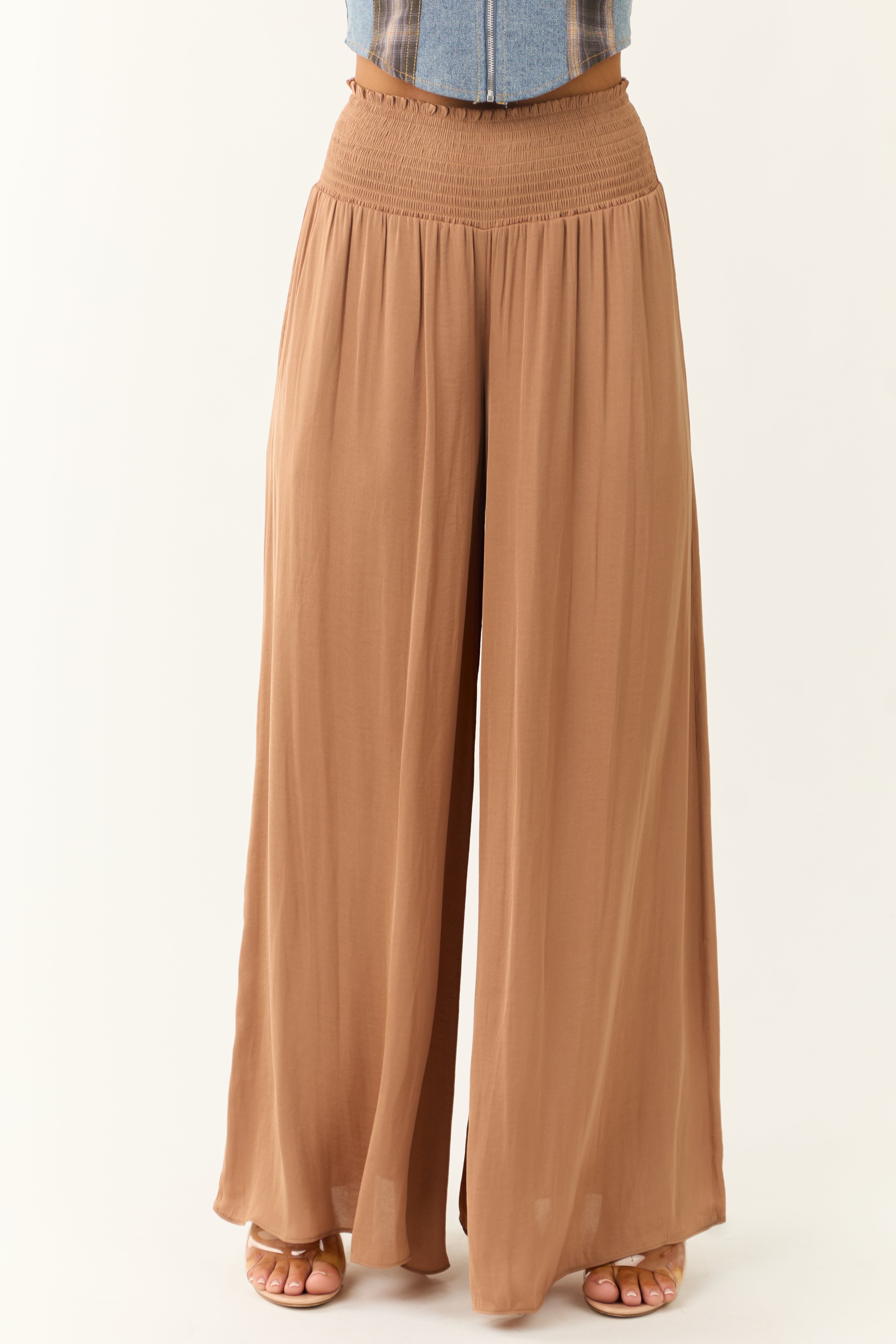 Brown Wide LegSmocked High Rise Pants