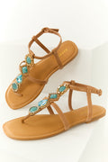 Brown Thong Sandals with Teal Rhinestone Strap