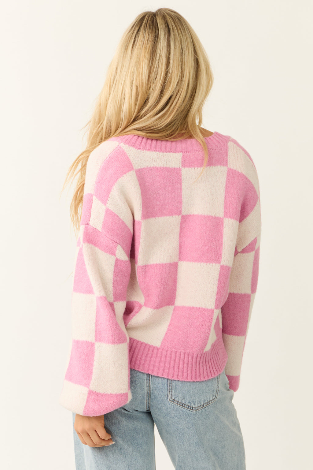 Pink and Cream Checkered Print Cardigan