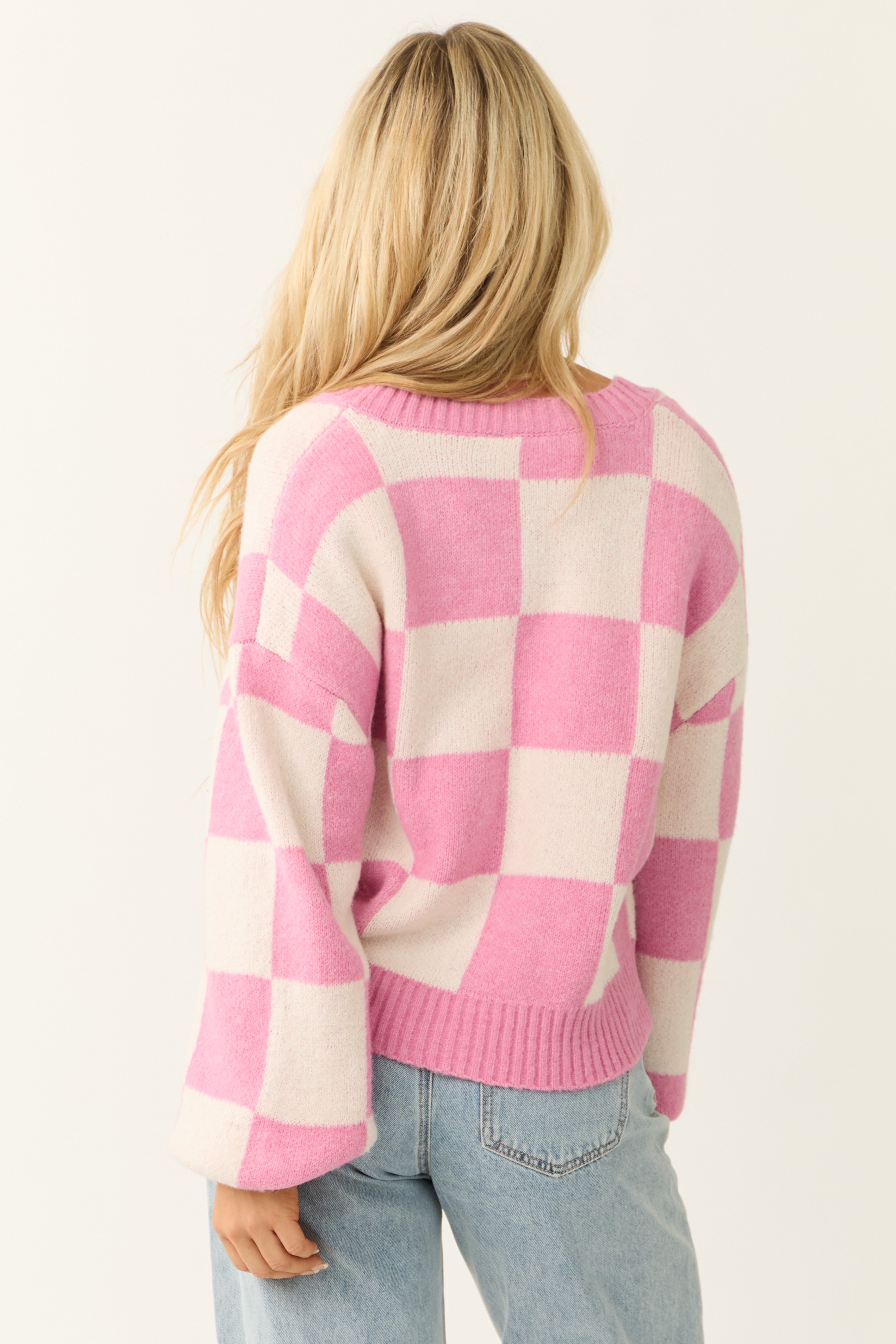 Pink and Cream Checkered Print Cardigan