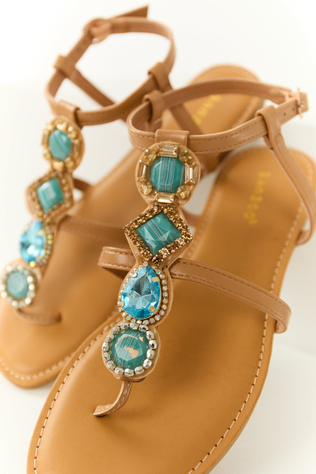 Brown Thong Sandals with Teal Rhinestone Strap