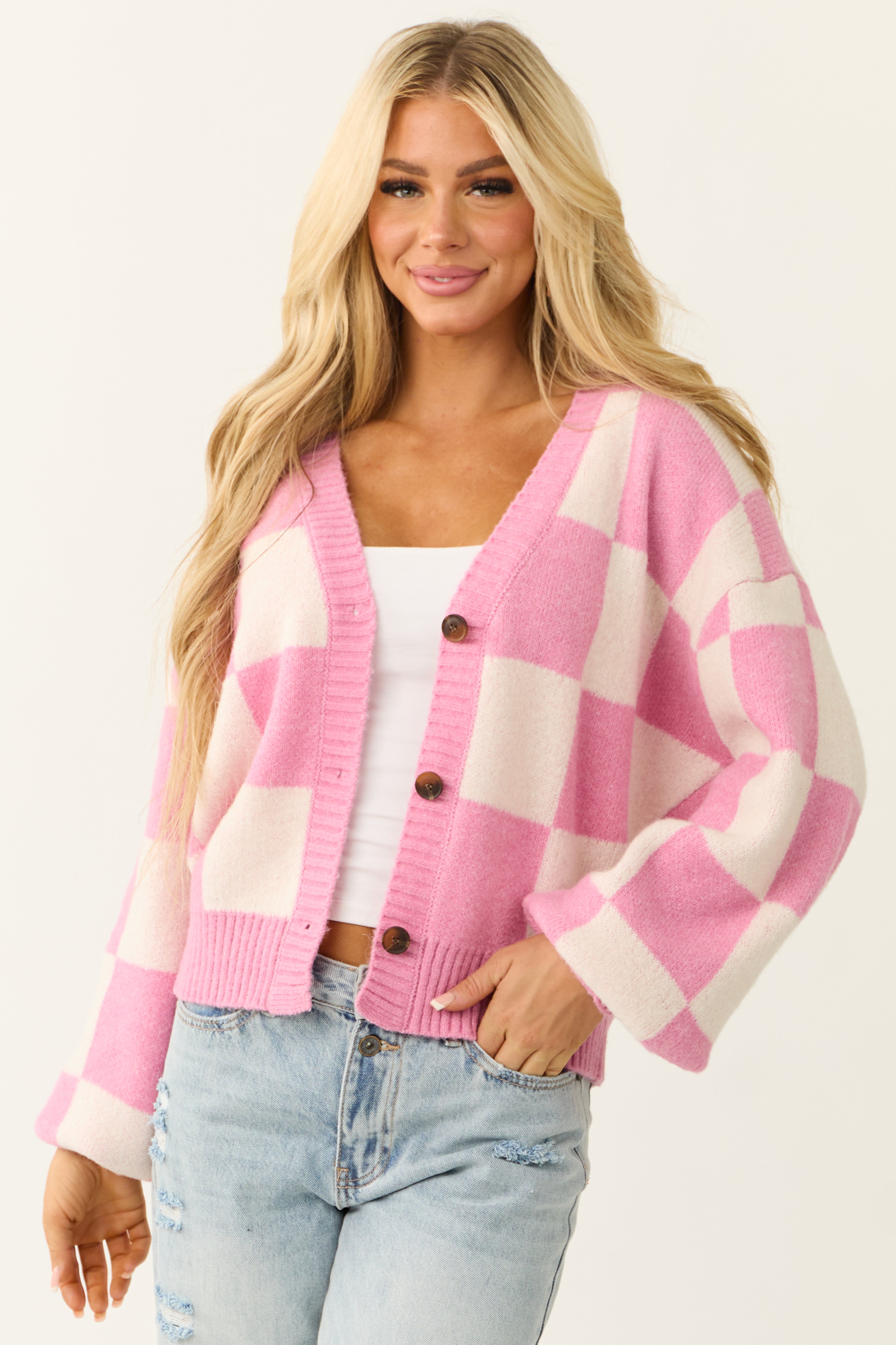 Pink and Cream Checkered Print Cardigan