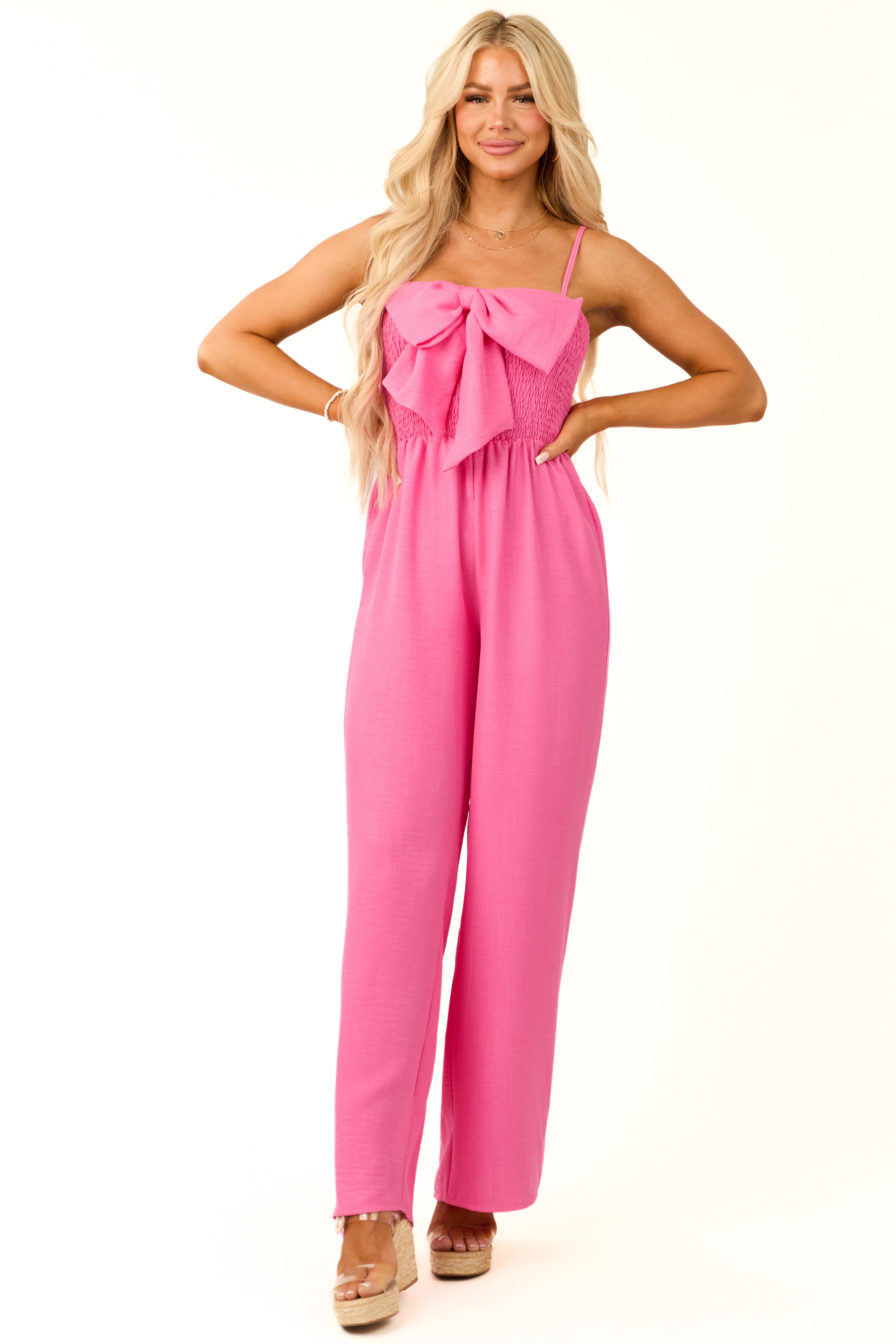 Pink Bow Front Smocked Jumpsuit