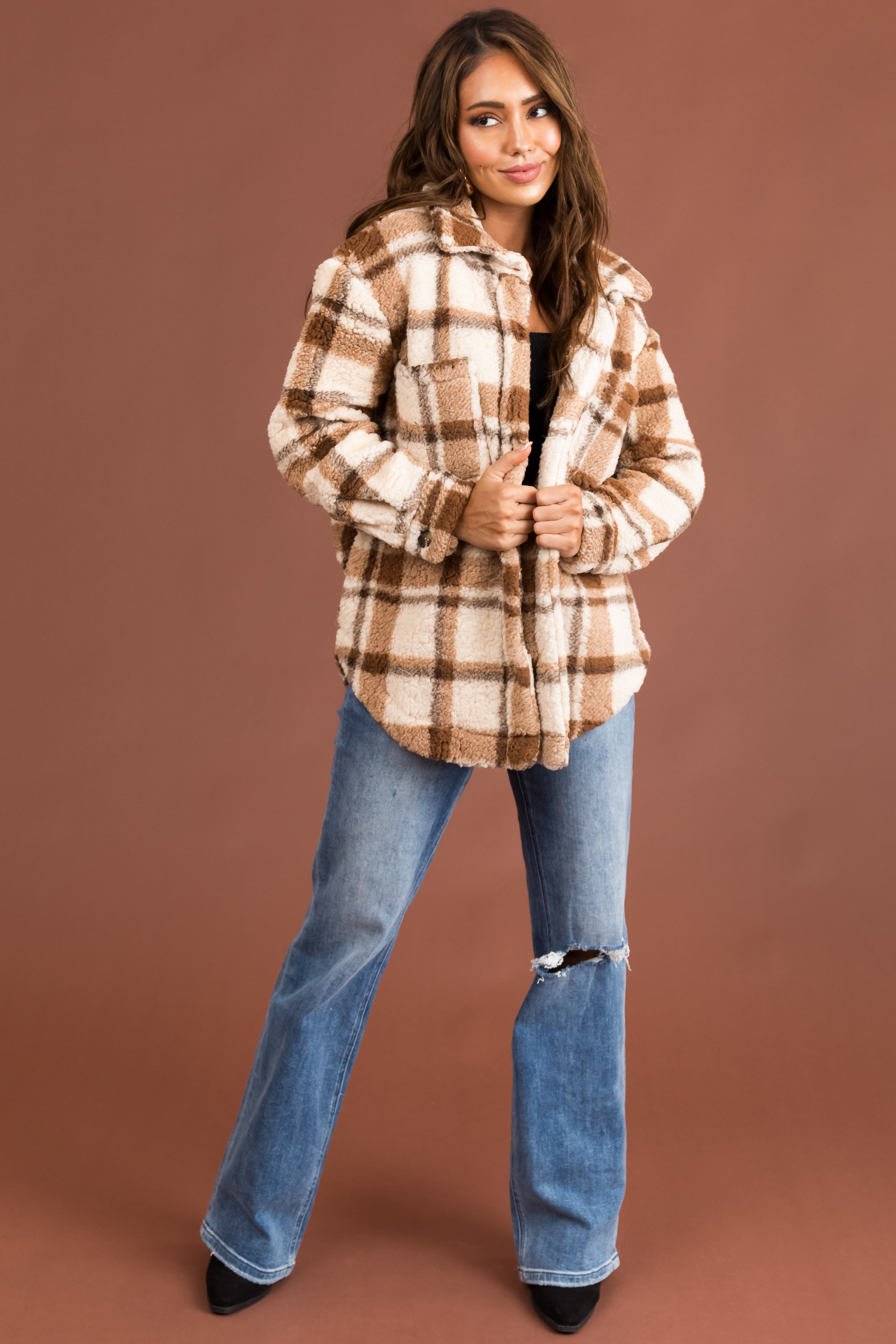 Brown Plaid Sherpa Button Down Shacket