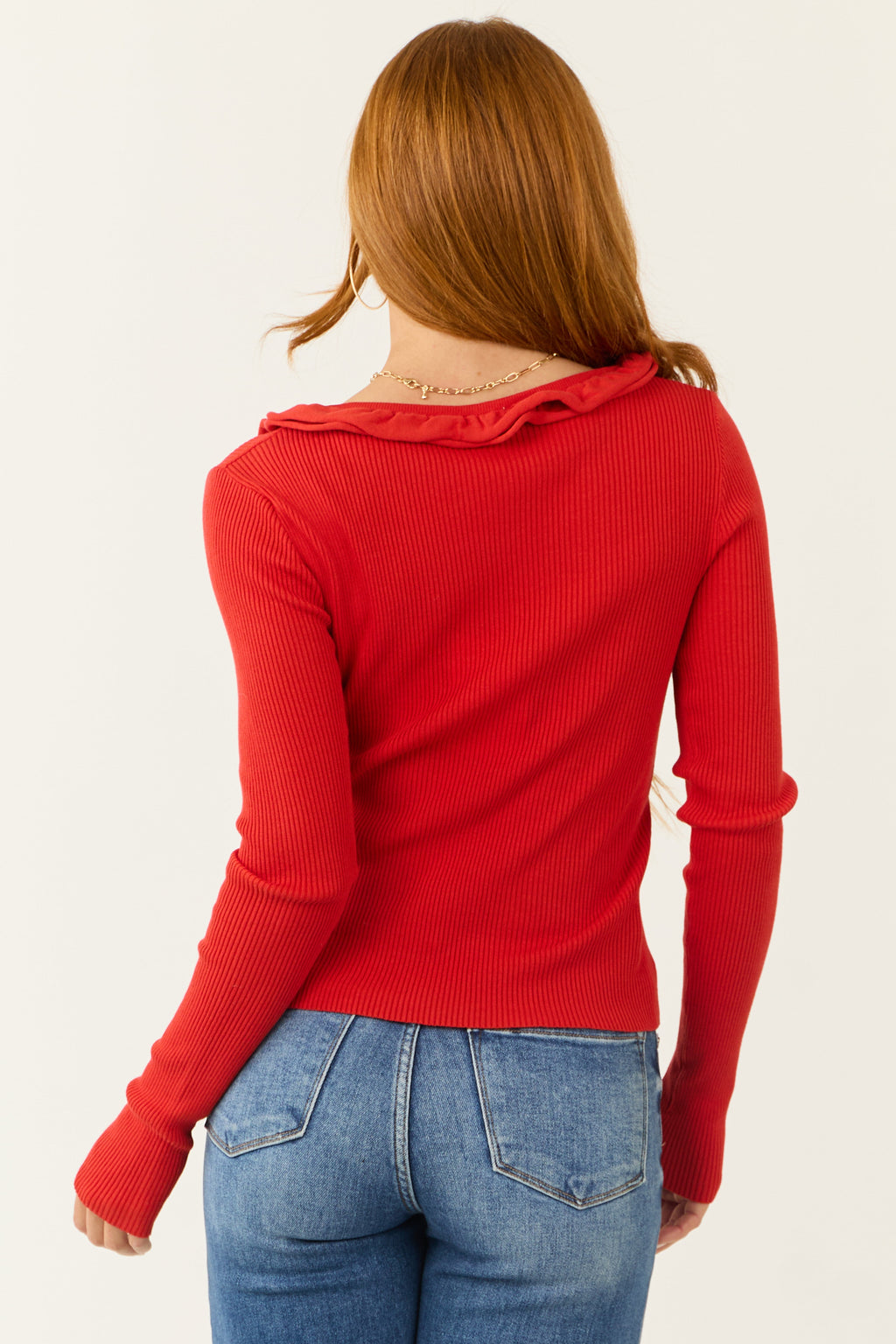 Bright Red Ruffle Tie Front Cardigan