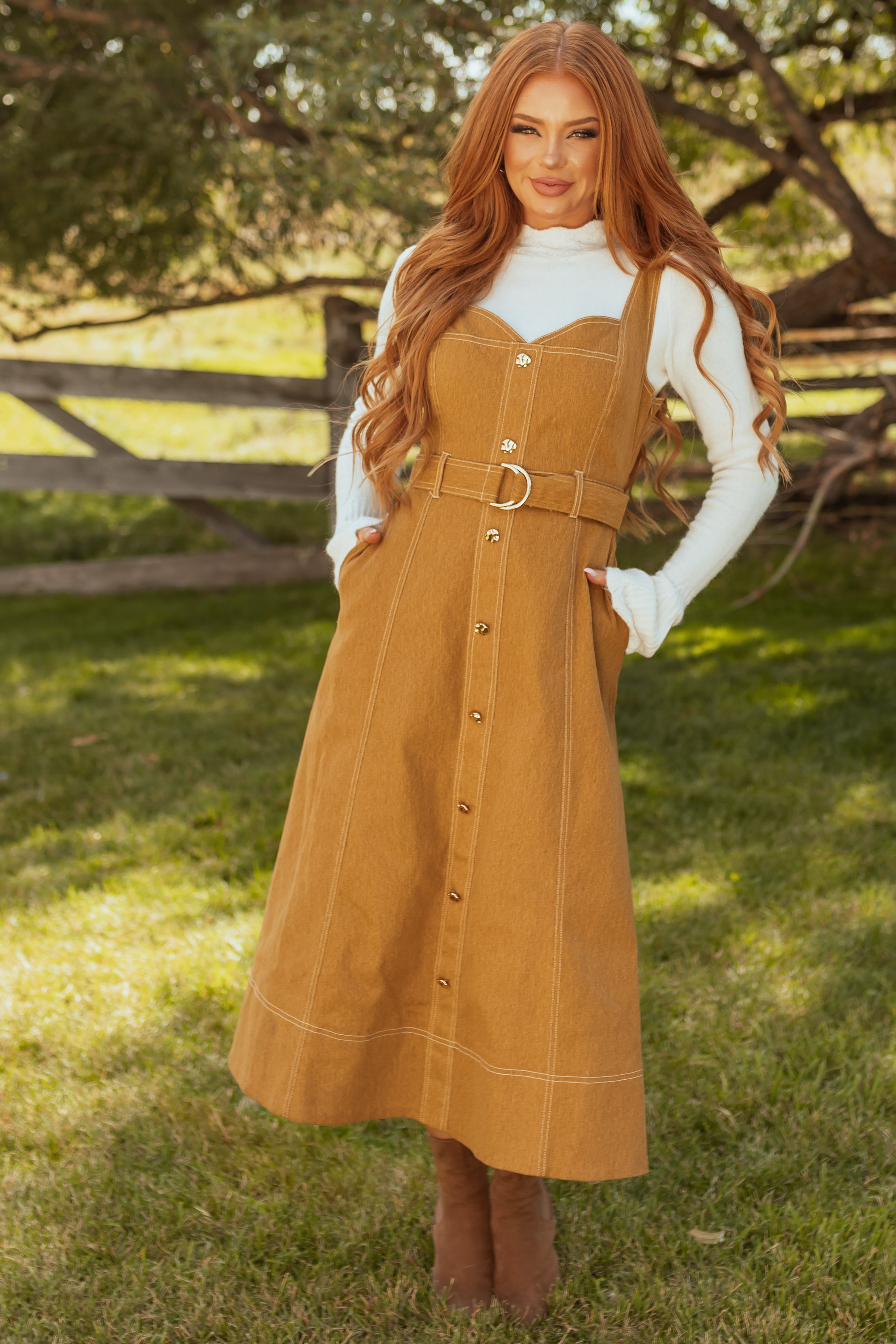 Sleeveless Belted Denim Midi Dress