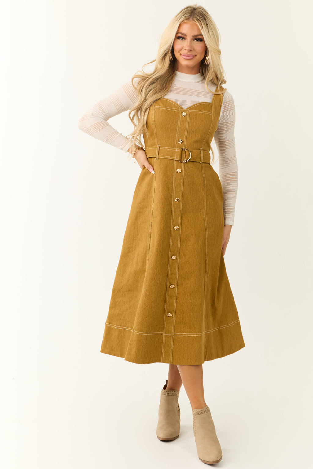 Sleeveless Belted Denim Midi Dress