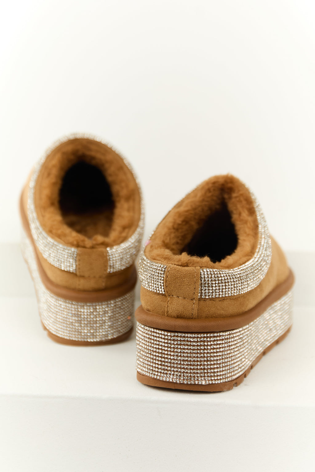 Brown Rhinestone Platform Slip On Booties