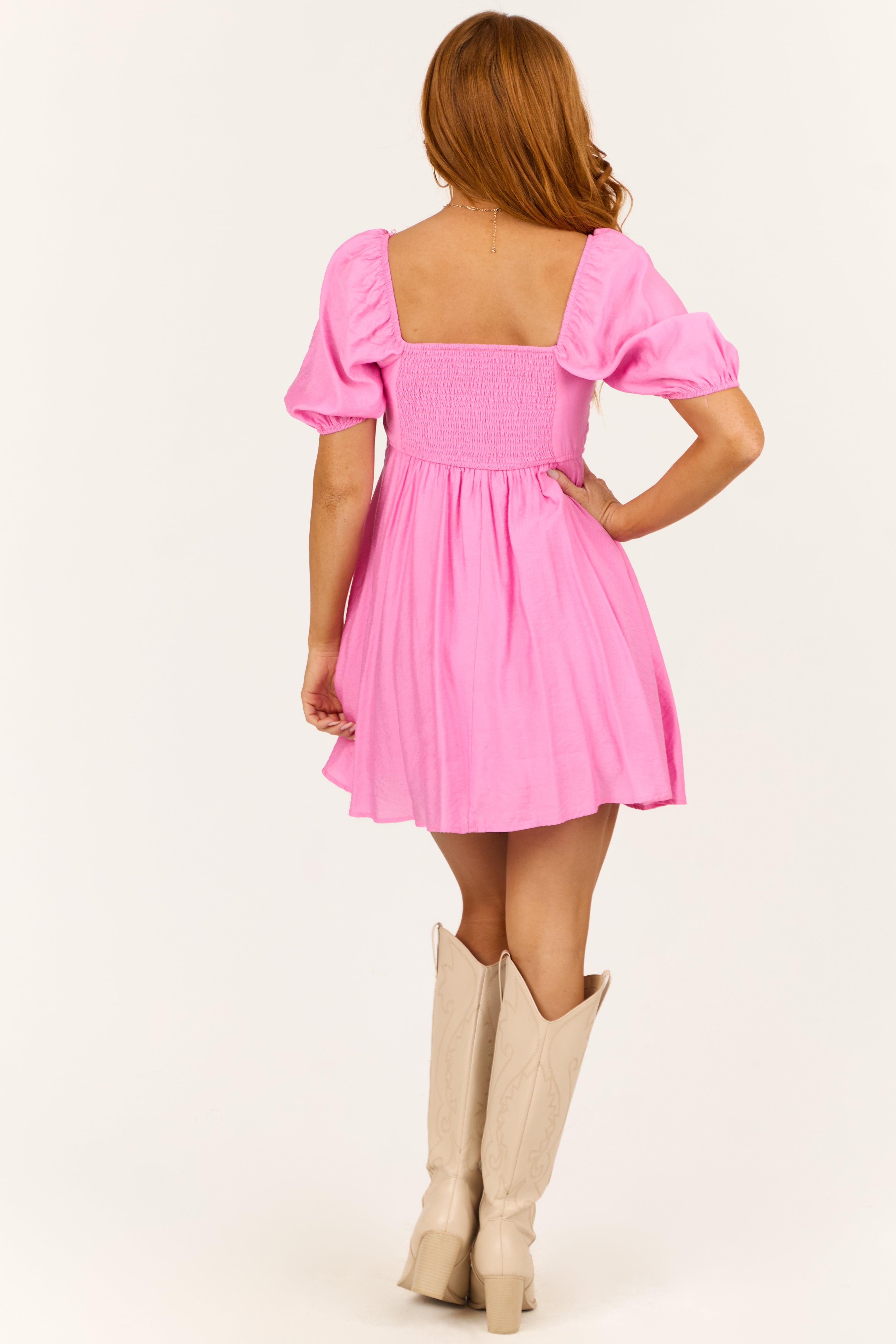 Pink Pleated Square Neck Babydoll Mini Dress