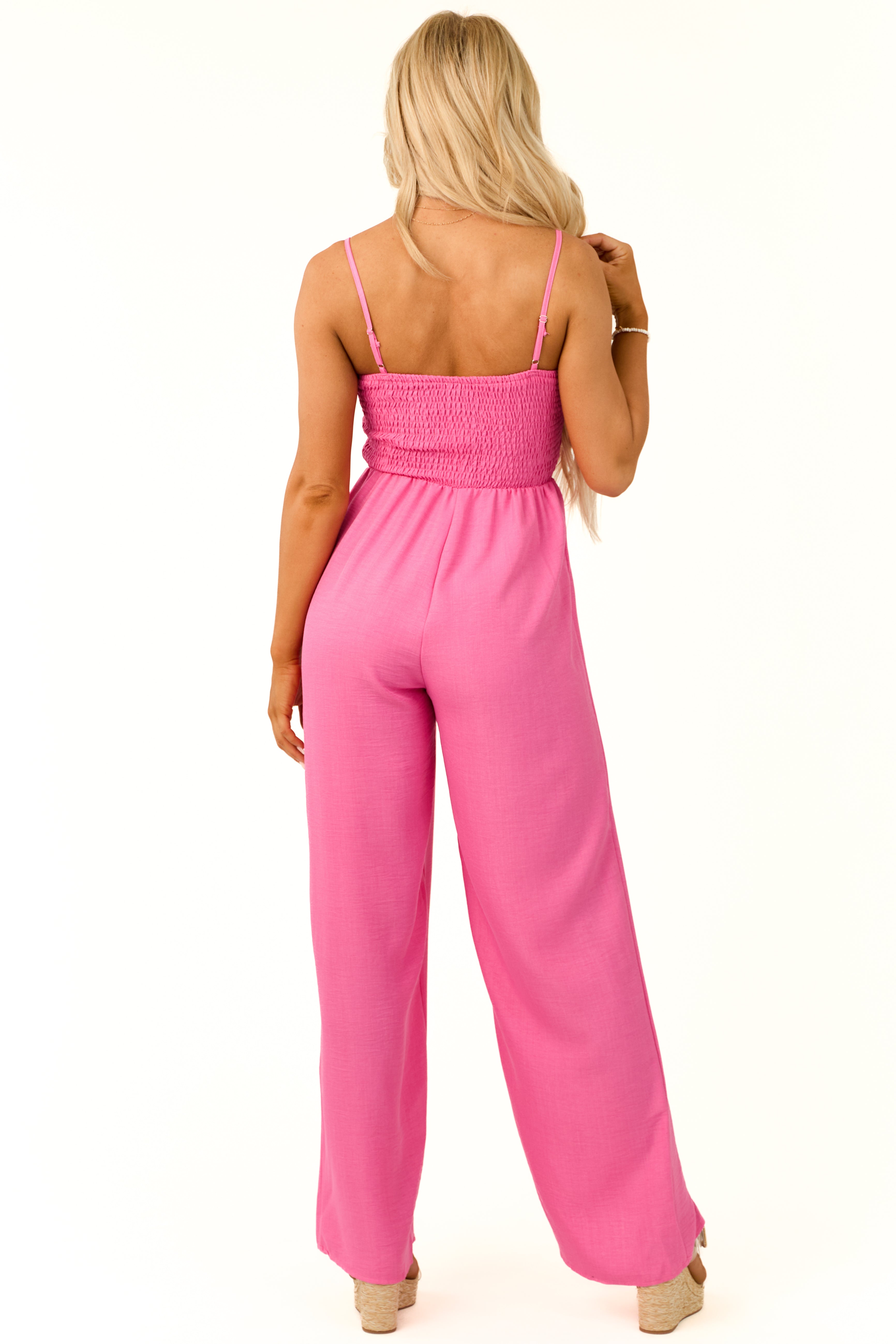 Pink Bow Front Smocked Jumpsuit