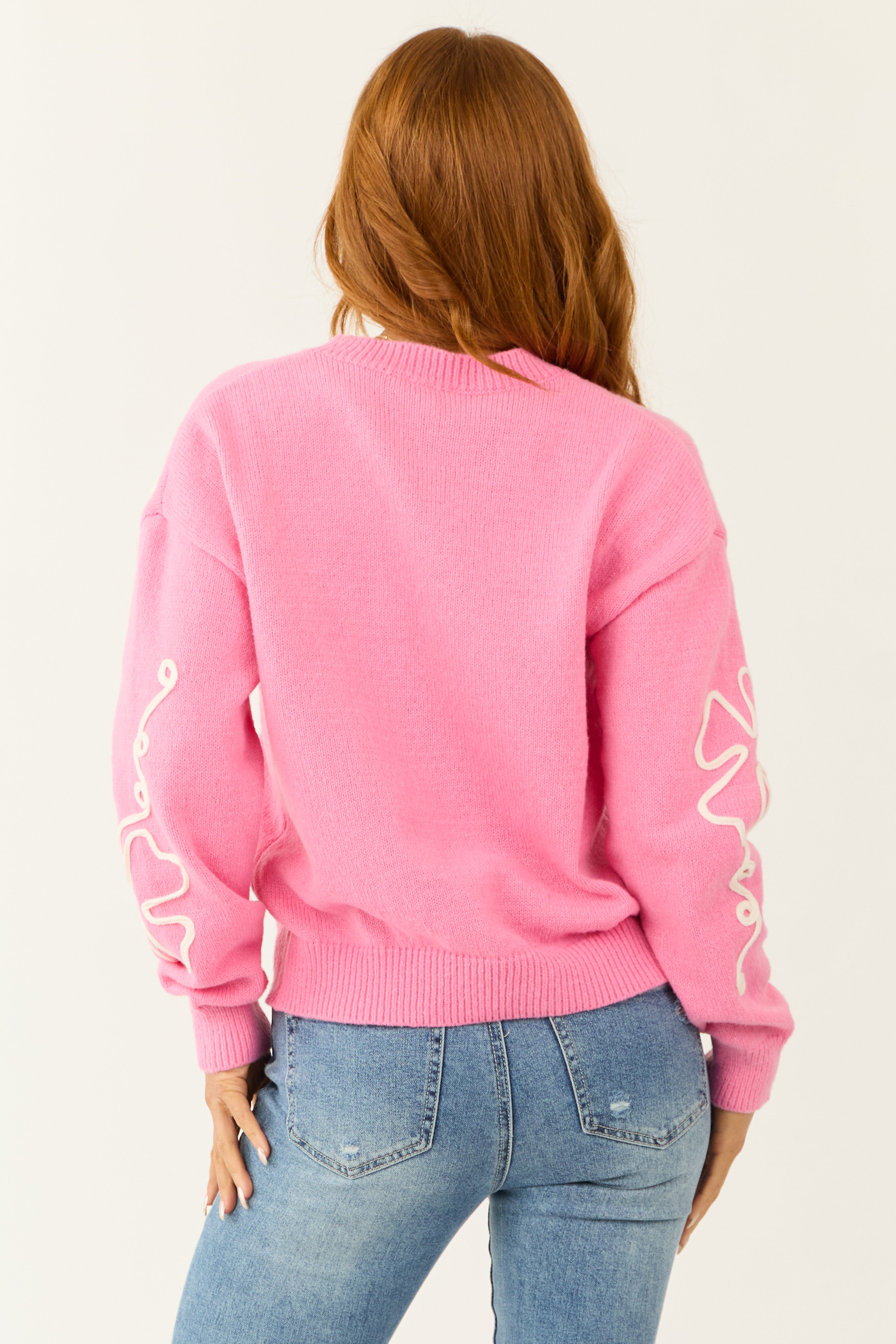 Pink Abstract Flower Embroidered Sweater