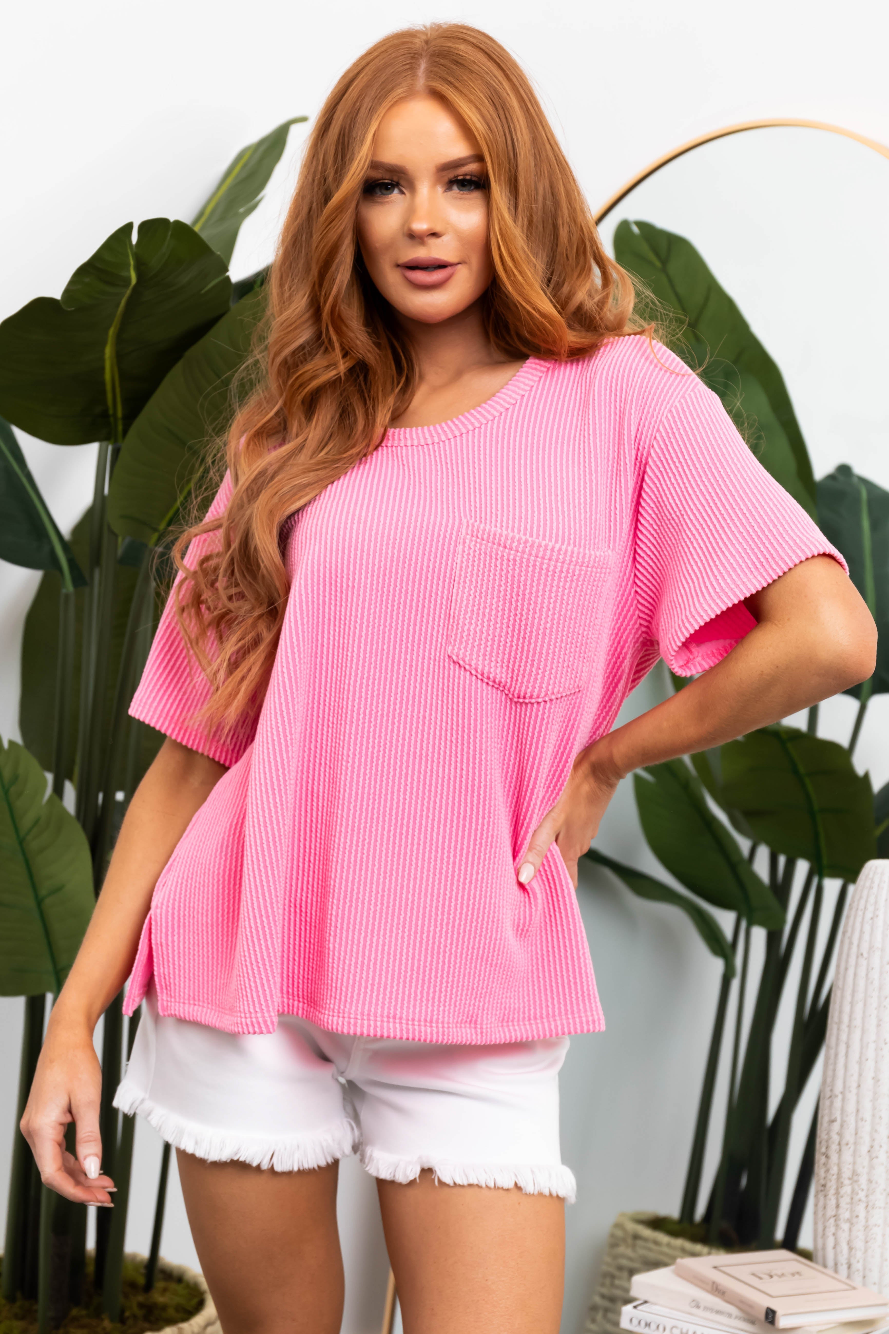 Pink Chest Pocket Wavy Ribbed Knit Top