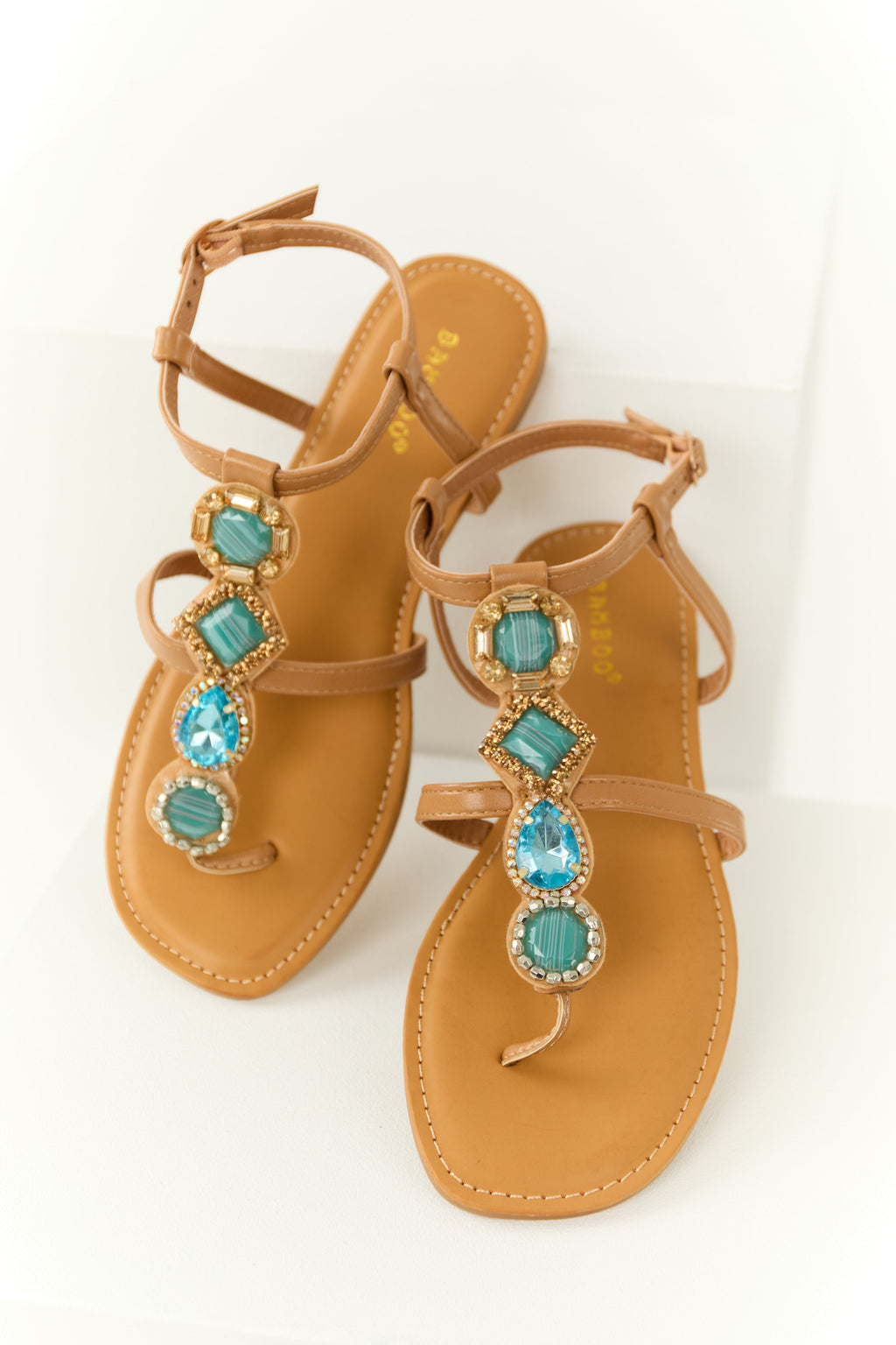 Brown Thong Sandals with Teal Rhinestone Strap