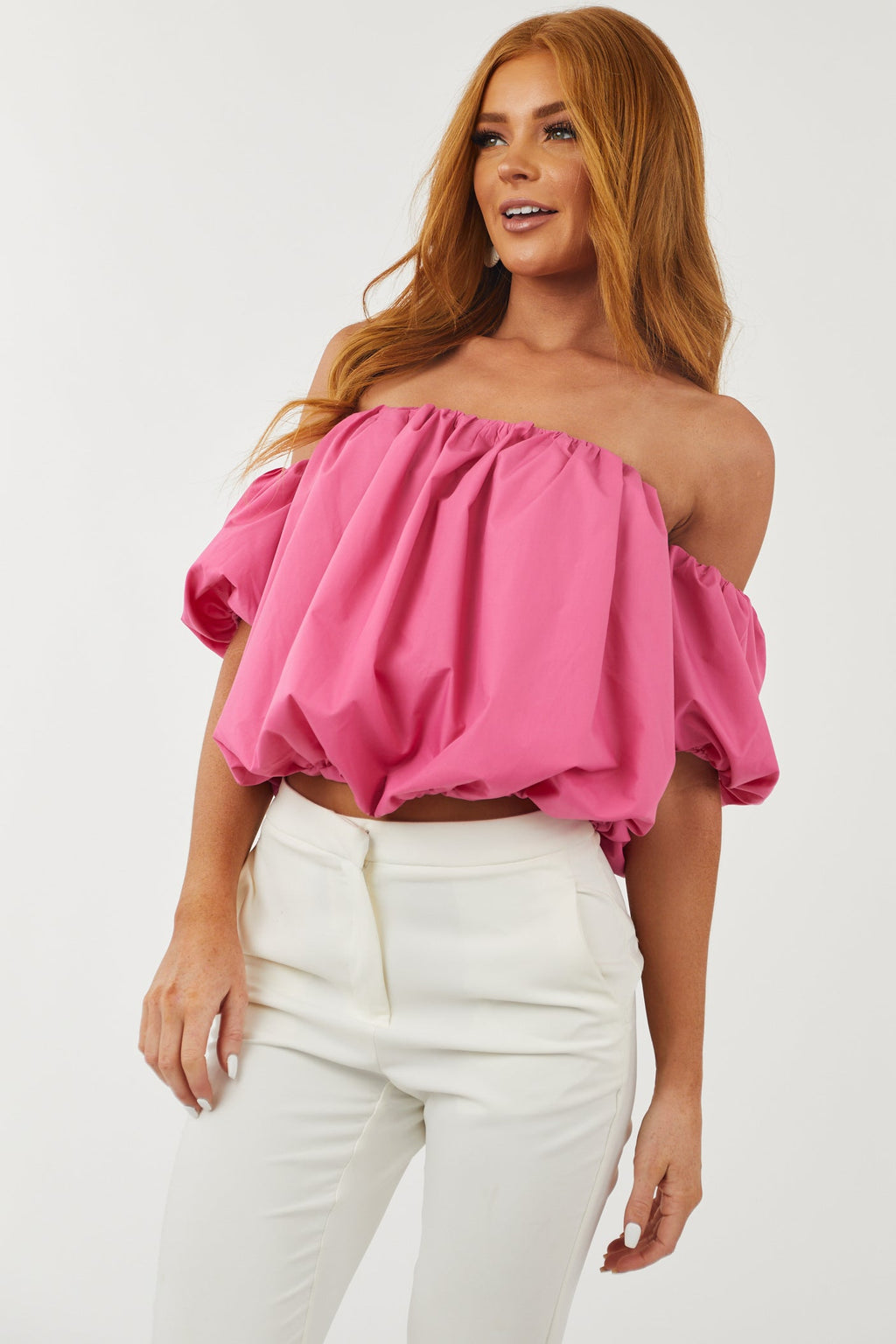 Pink Puff Off the Shoulder Cropped Blouse