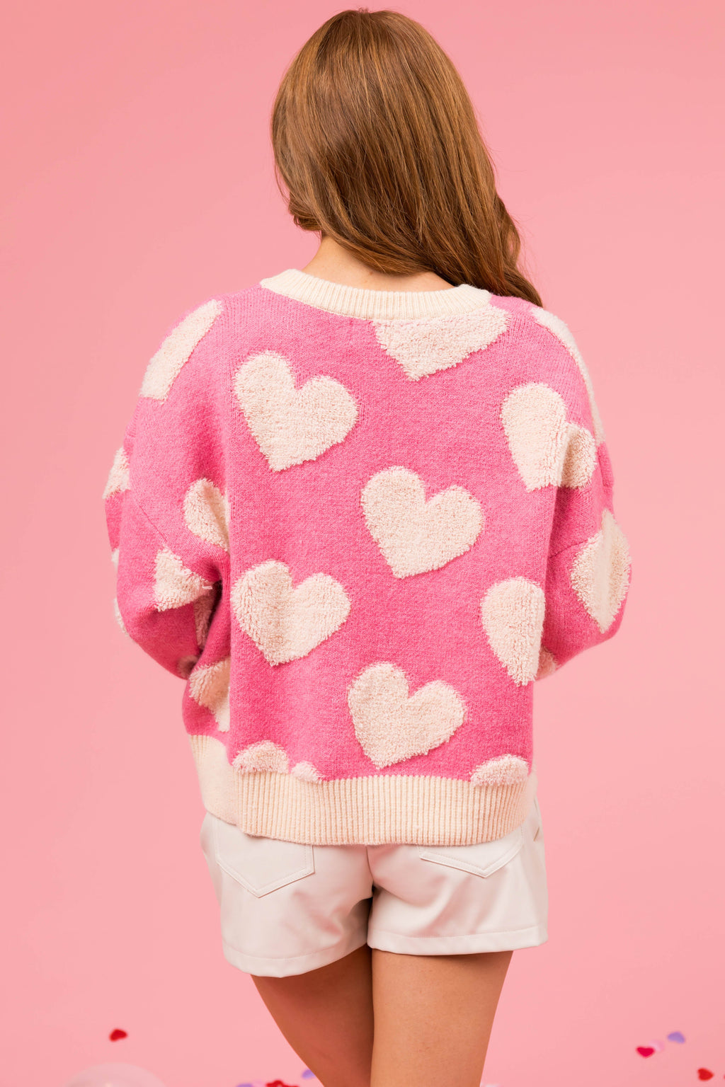 Pink and Cream Heart Thick Fuzzy Sweater