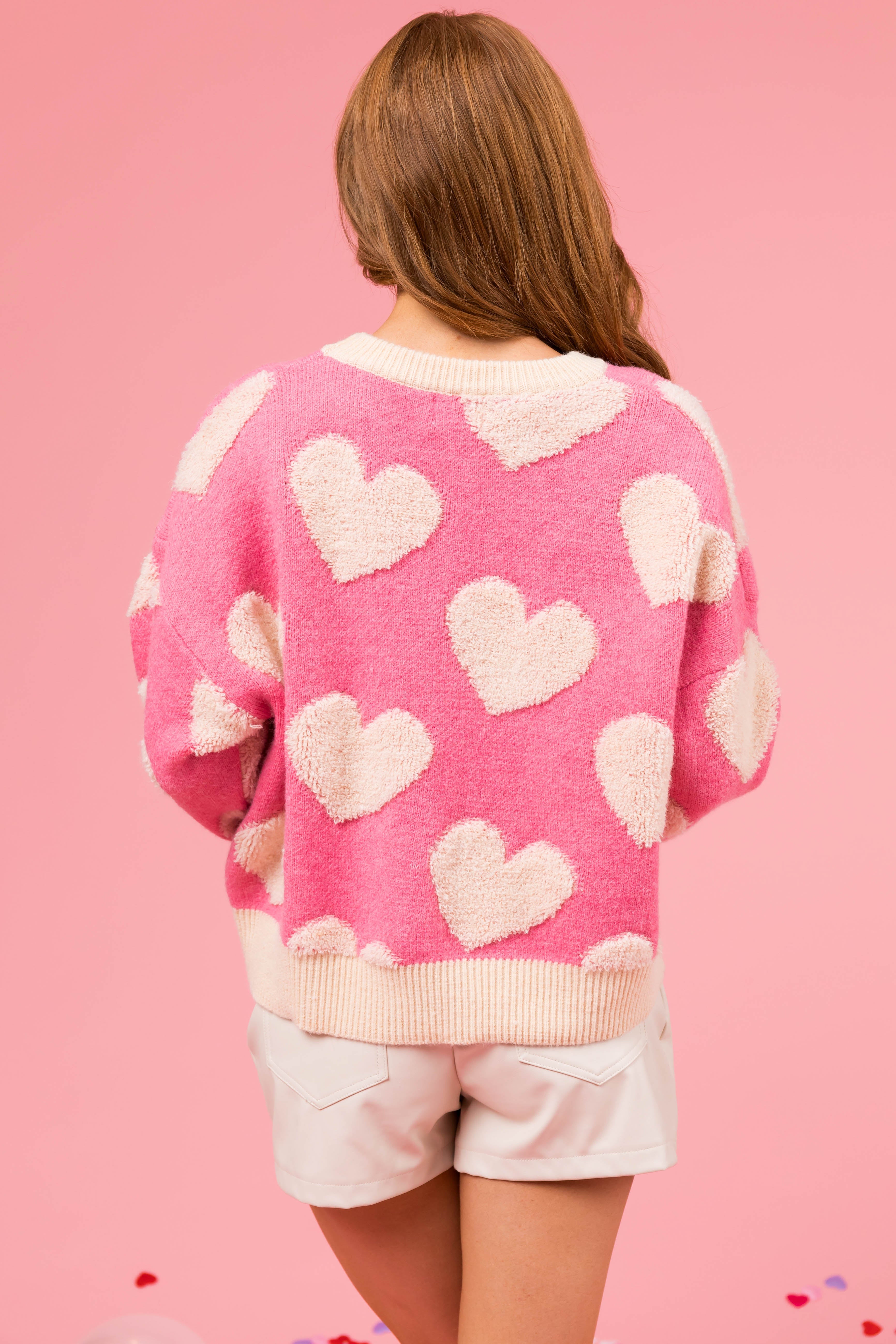 Pink and Cream Heart Thick Fuzzy Sweater