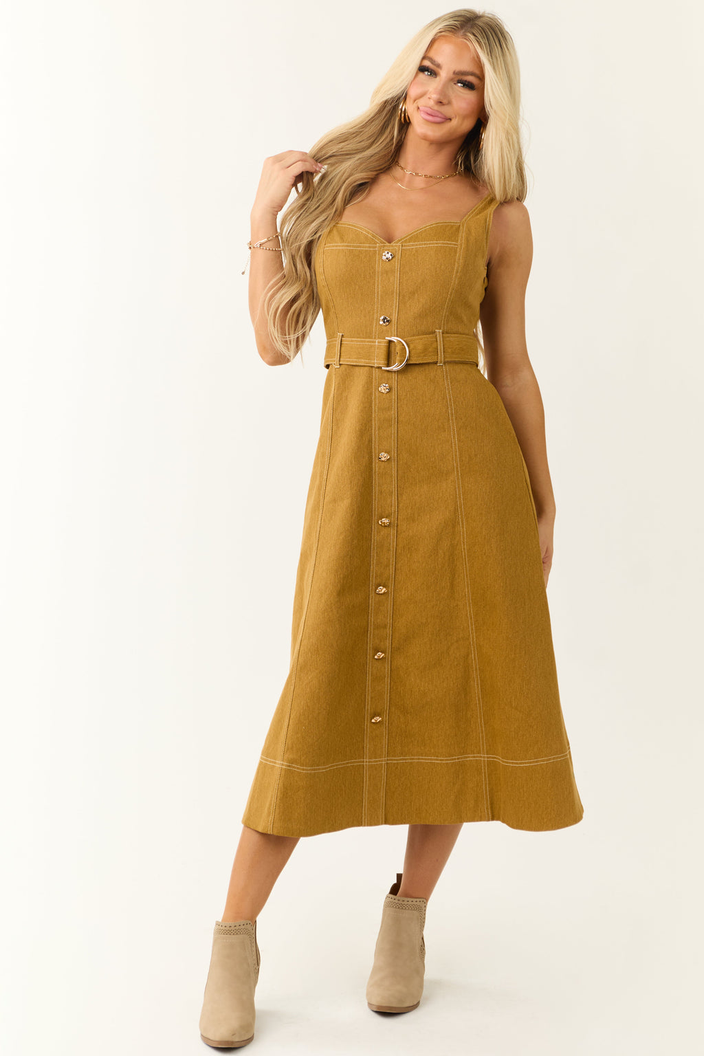 Sleeveless Belted Denim Midi Dress