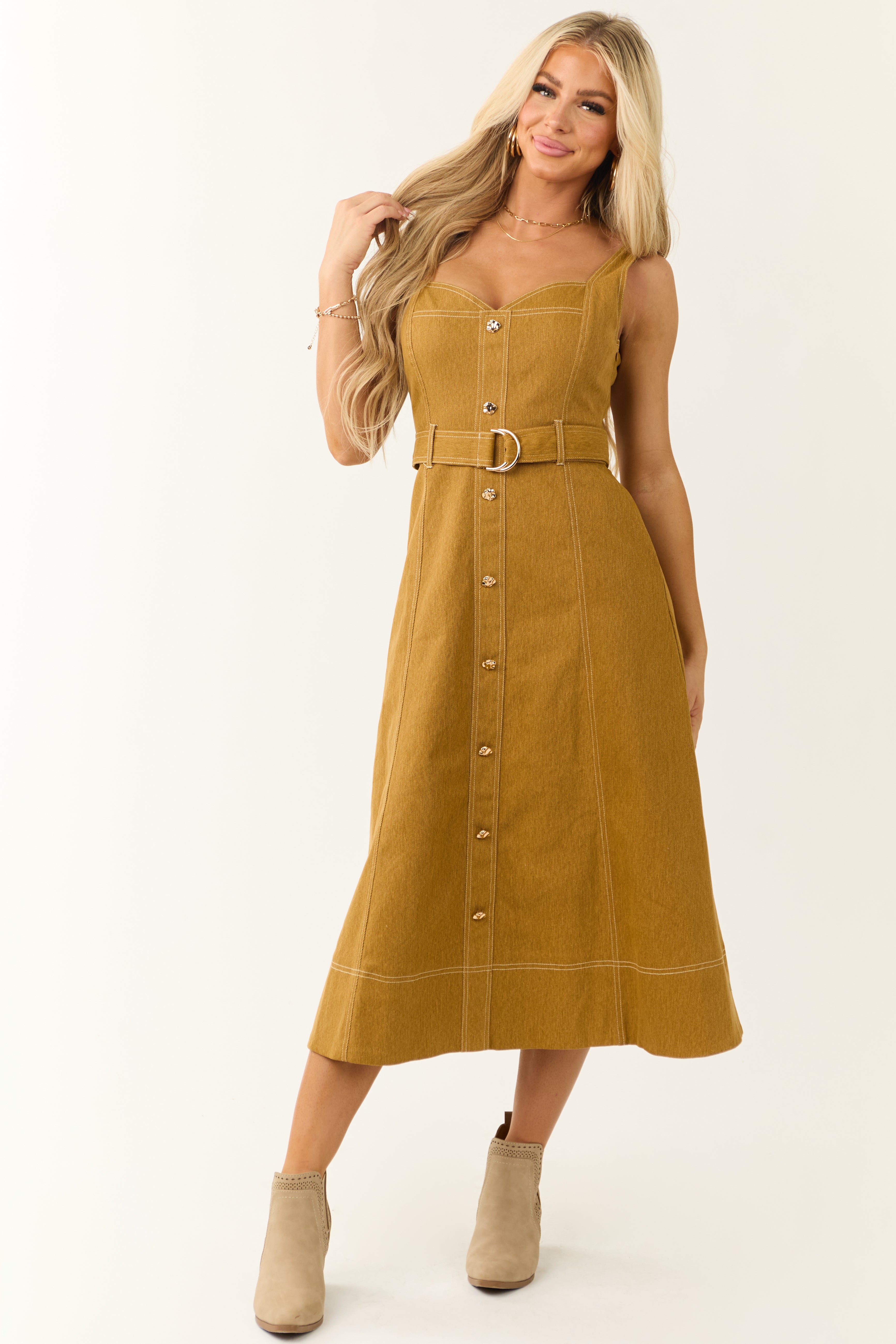 Sleeveless Belted Denim Midi Dress