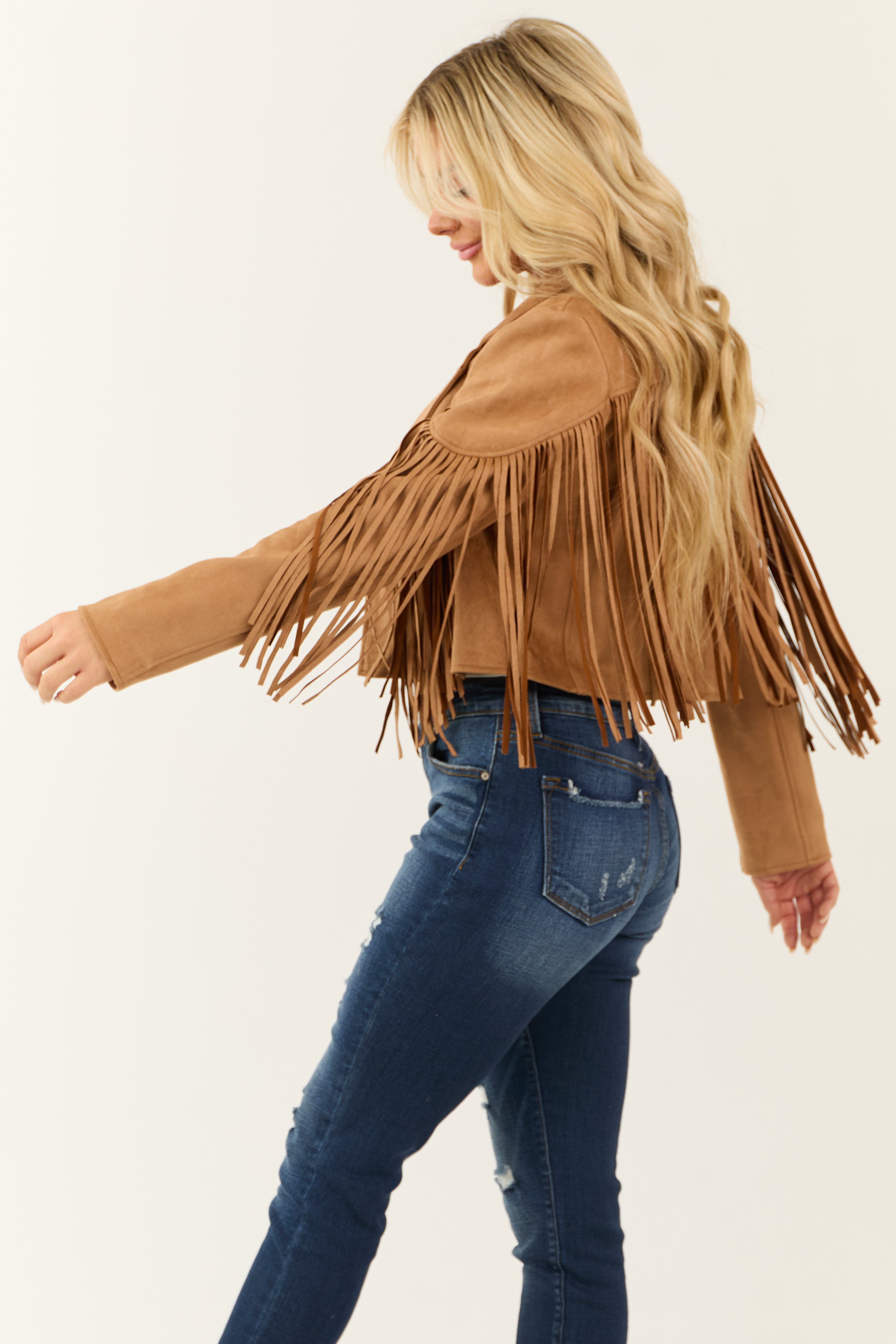 Brown Open Front Fringe Faux Suede Jacket