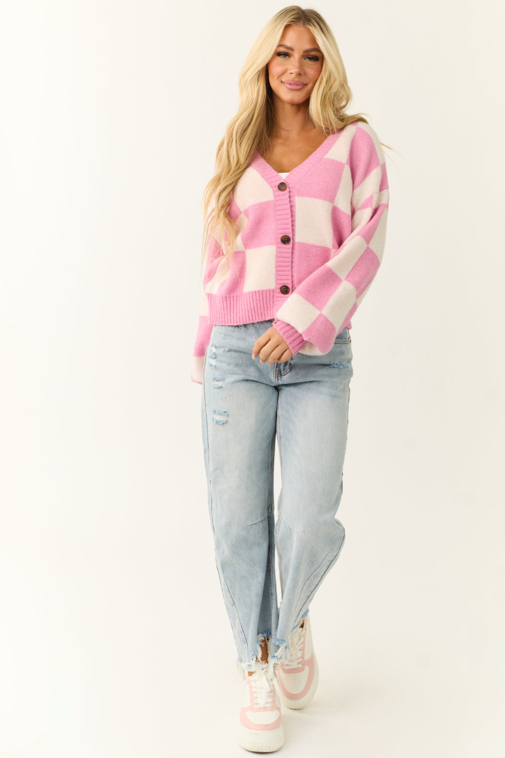 Pink and Cream Checkered Print Cardigan