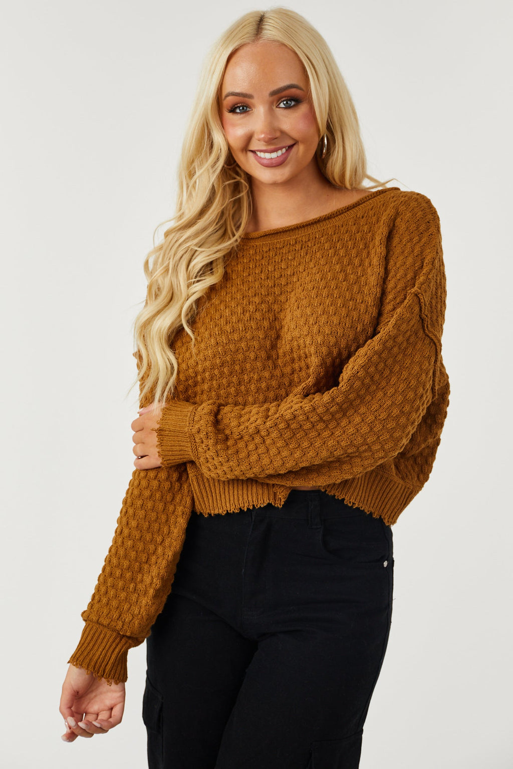 Brown Long Sleeve Cropped Textured Sweater