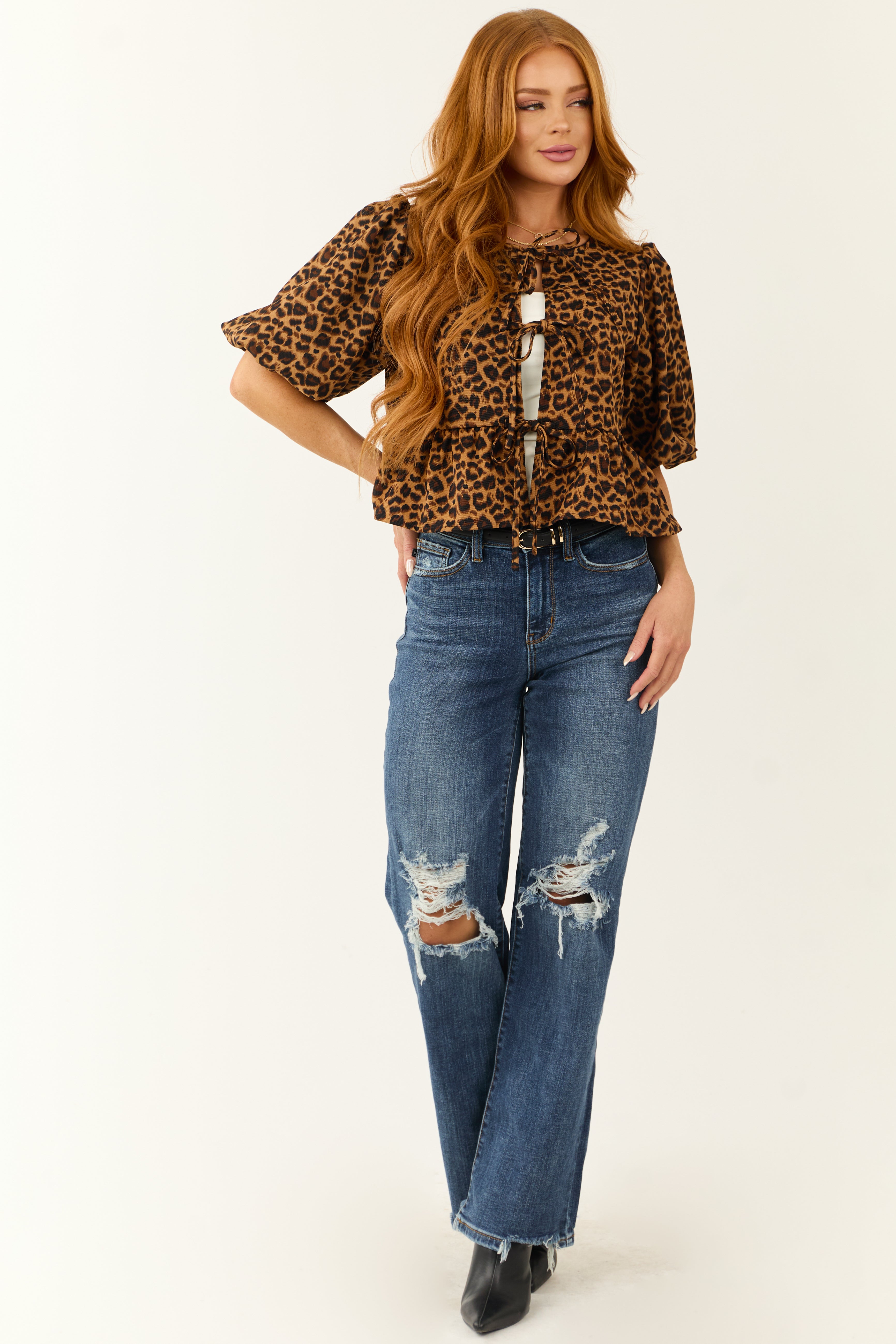 Leopard Tie Front Crop Top