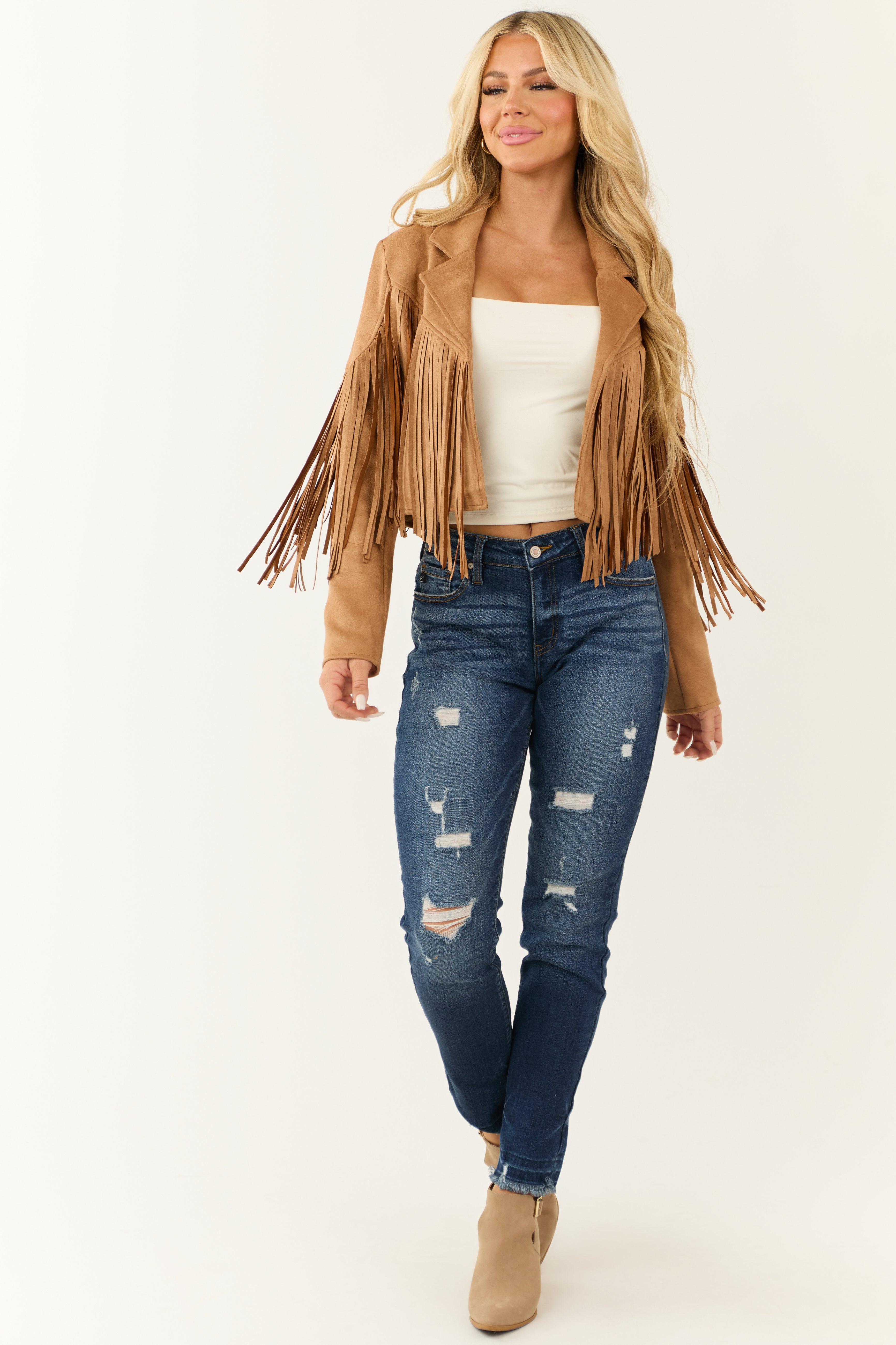 Brown Open Front Fringe Faux Suede Jacket