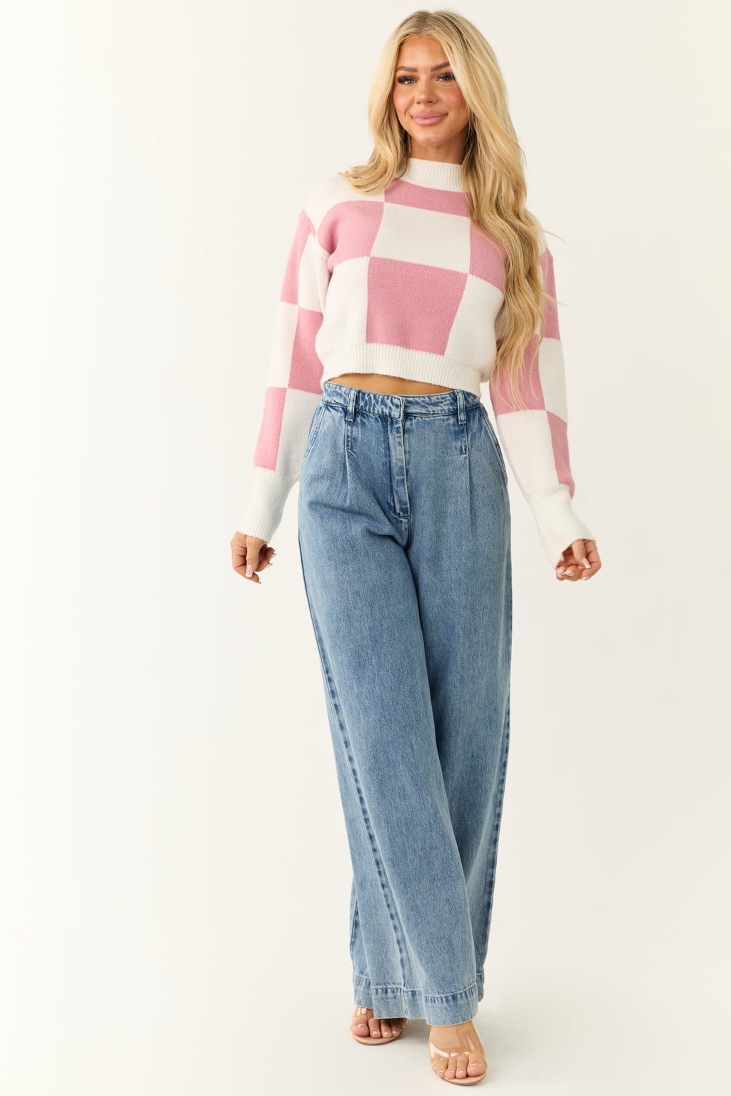 Pink and Ivory Checkered Crop Sweater