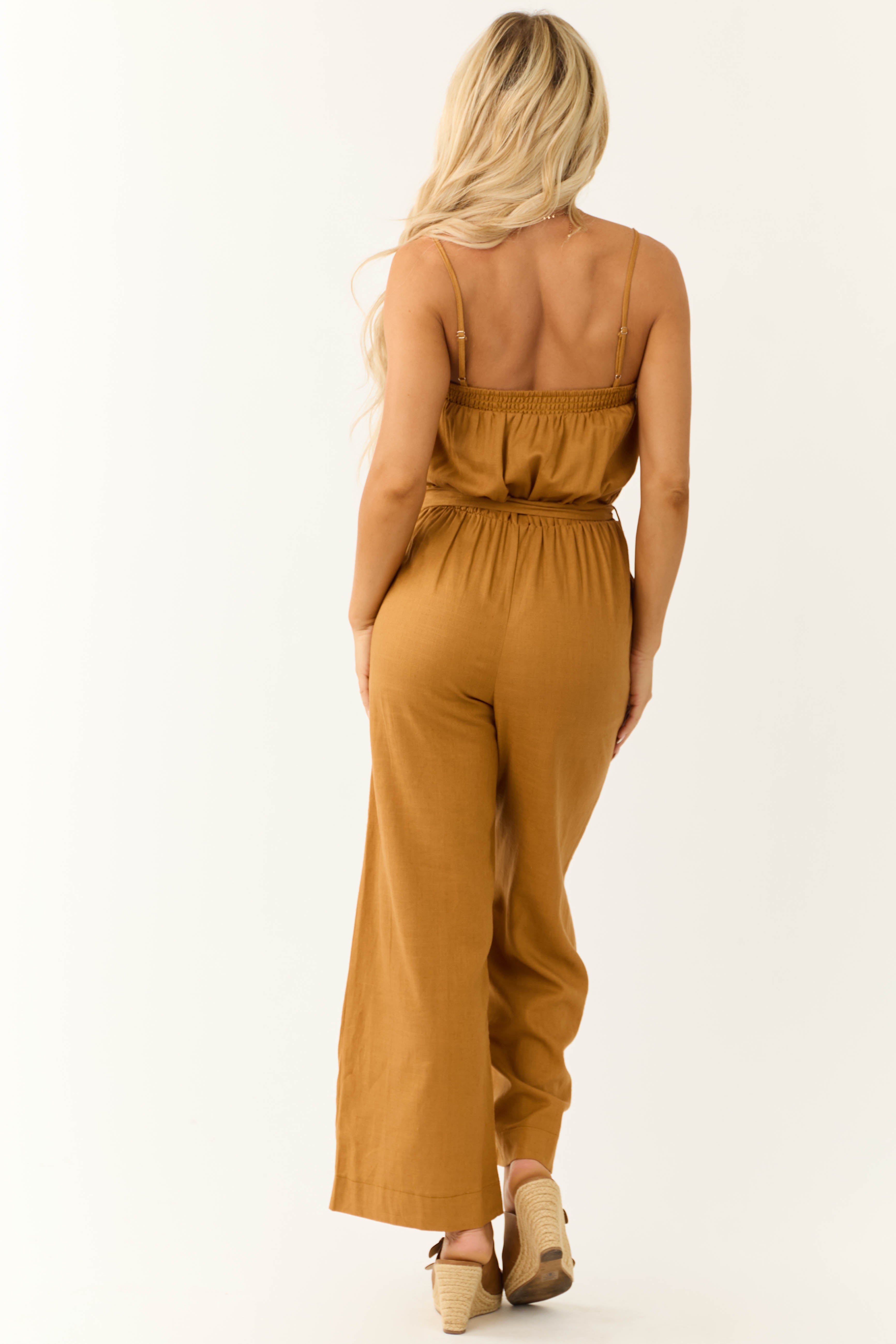 Brown Sleeveless Tie Waist Linen Jumpsuit