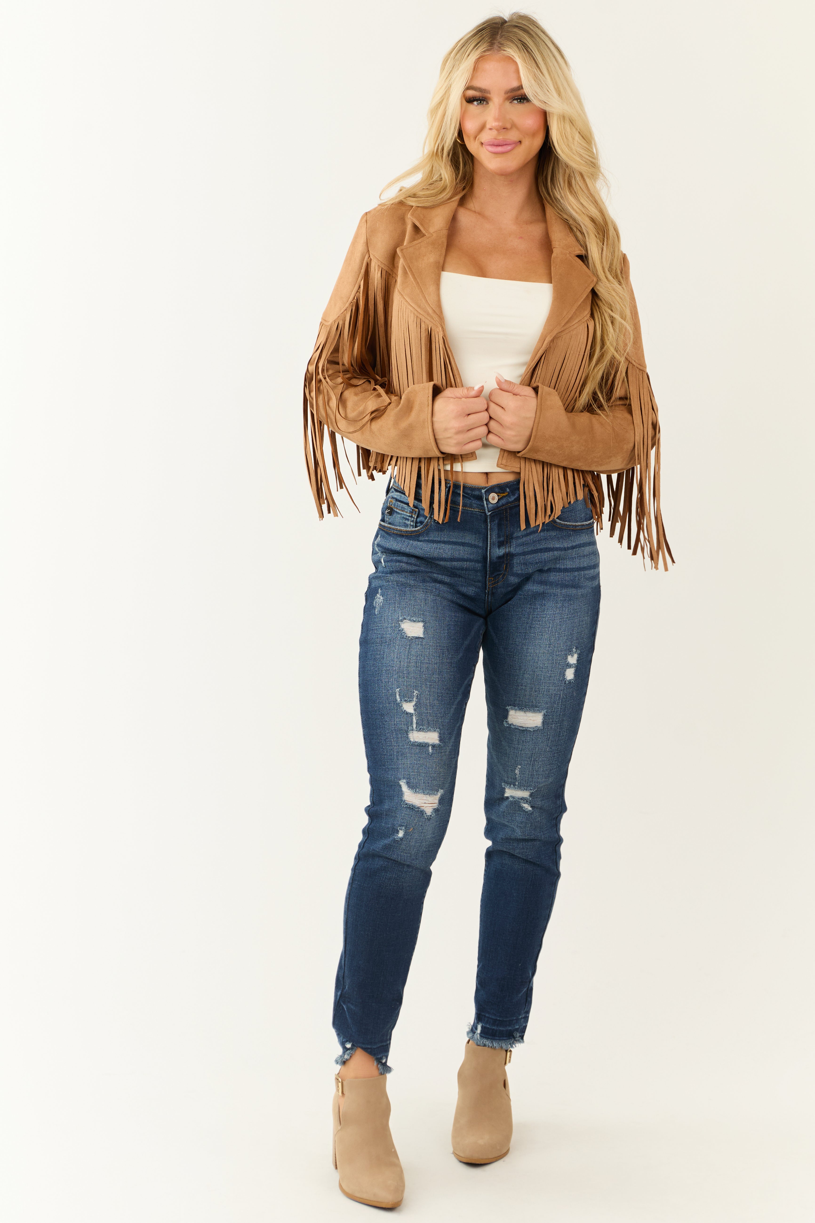 Brown Open Front Fringe Faux Suede Jacket