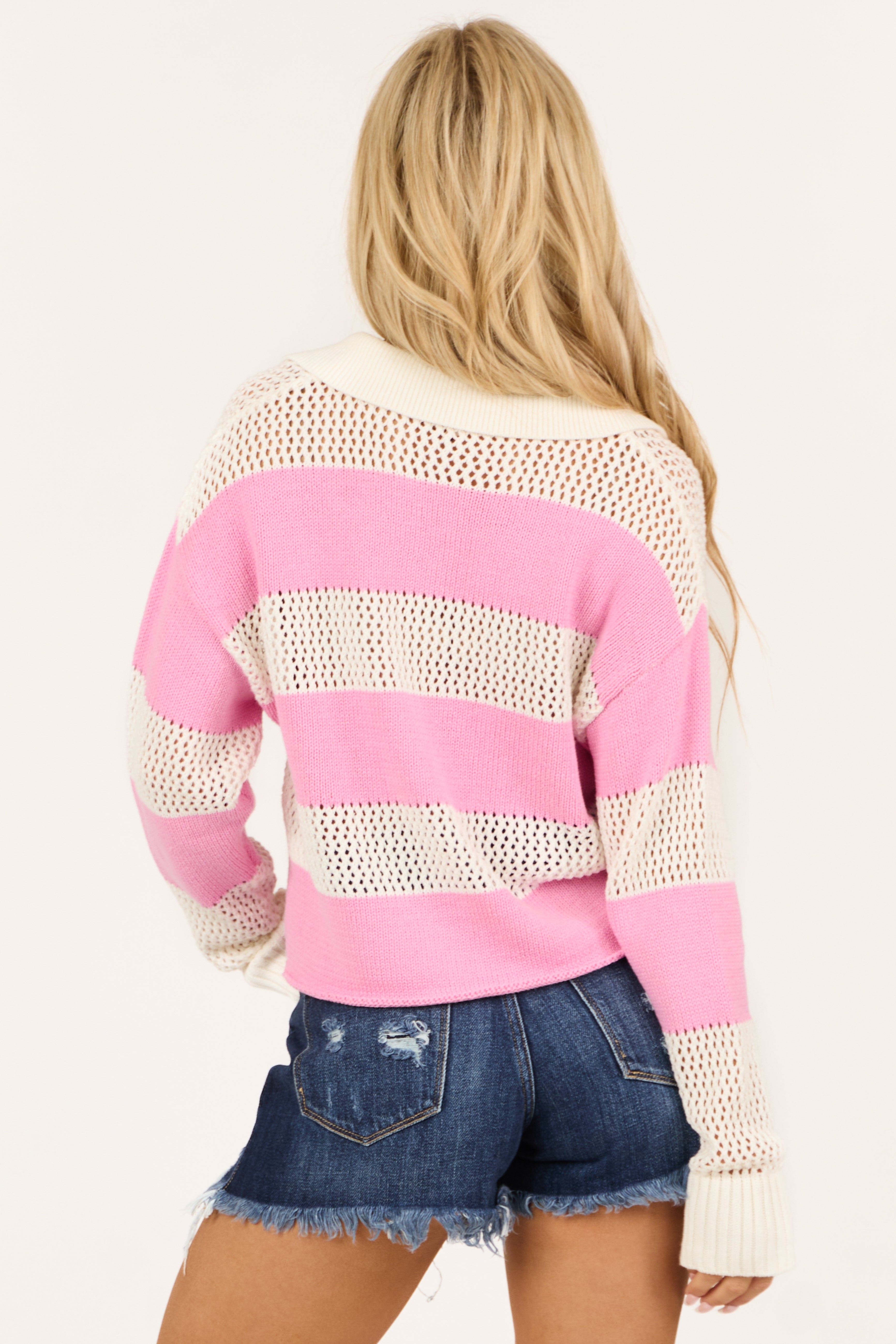 Pink and Ivory Wide Stripe Rugby Sweater