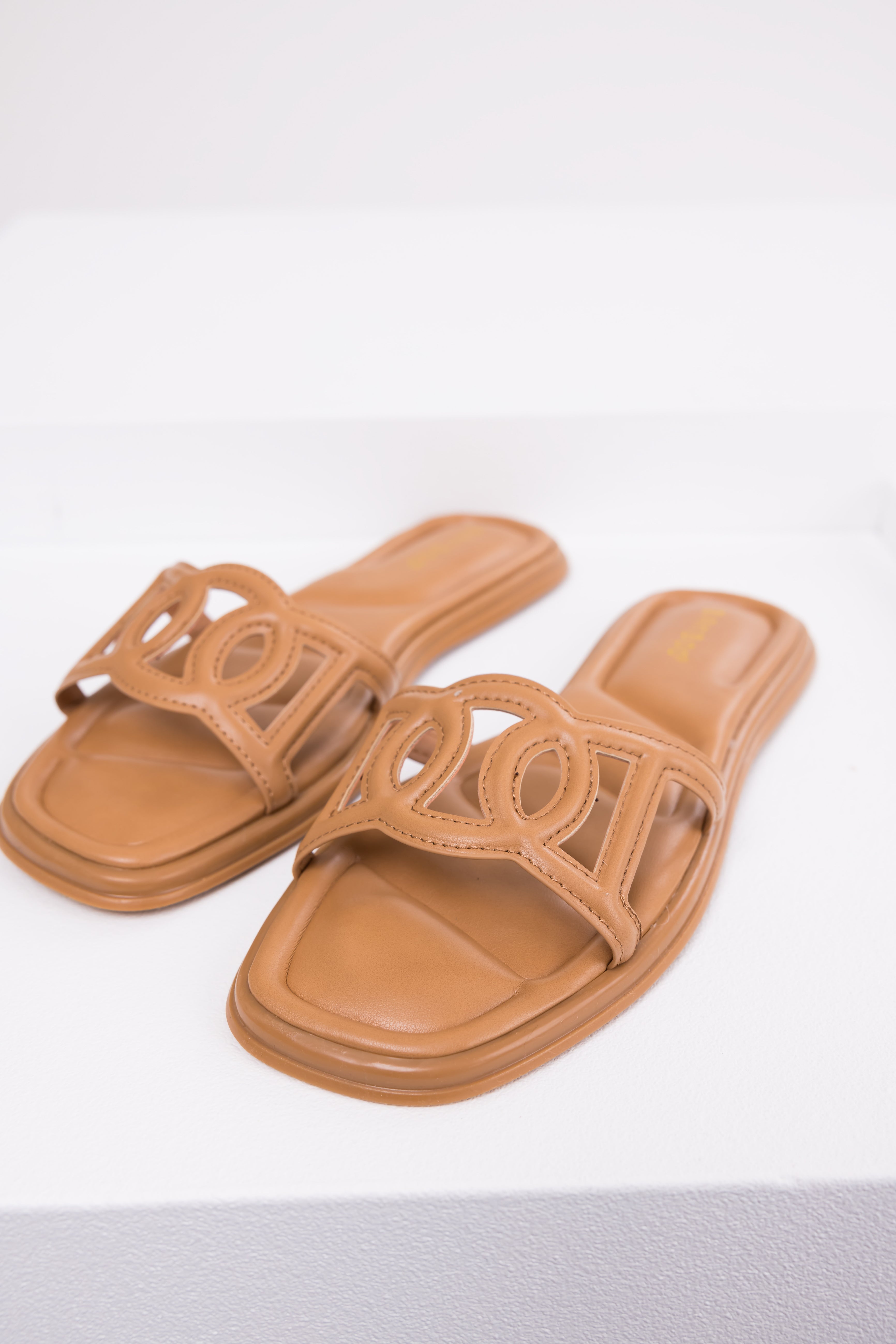 Brown Open Square Toe Flat Sandals