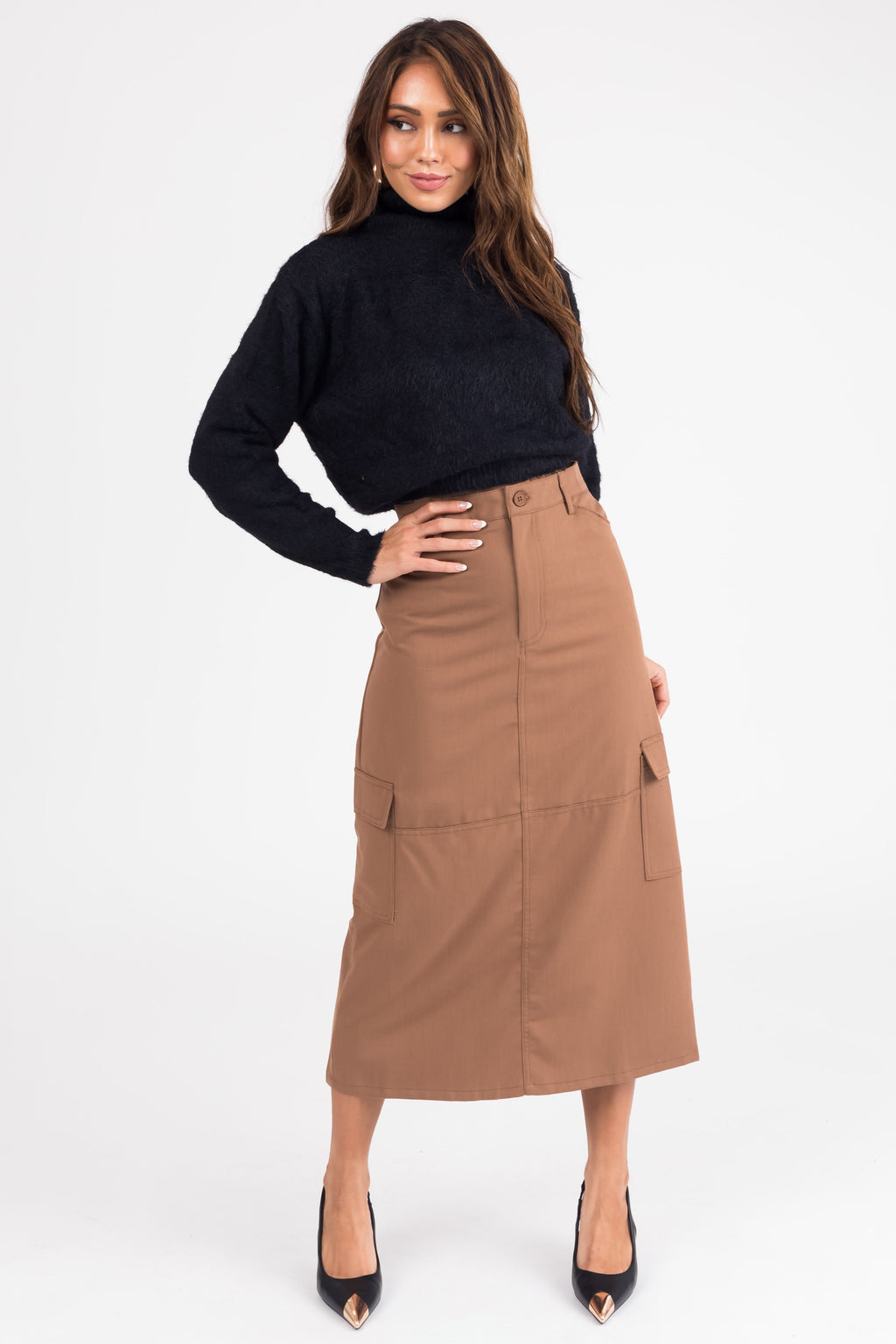 Brown Cargo Midi Skirt with Pockets