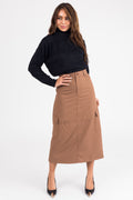 Brown Cargo Midi Skirt with Pockets