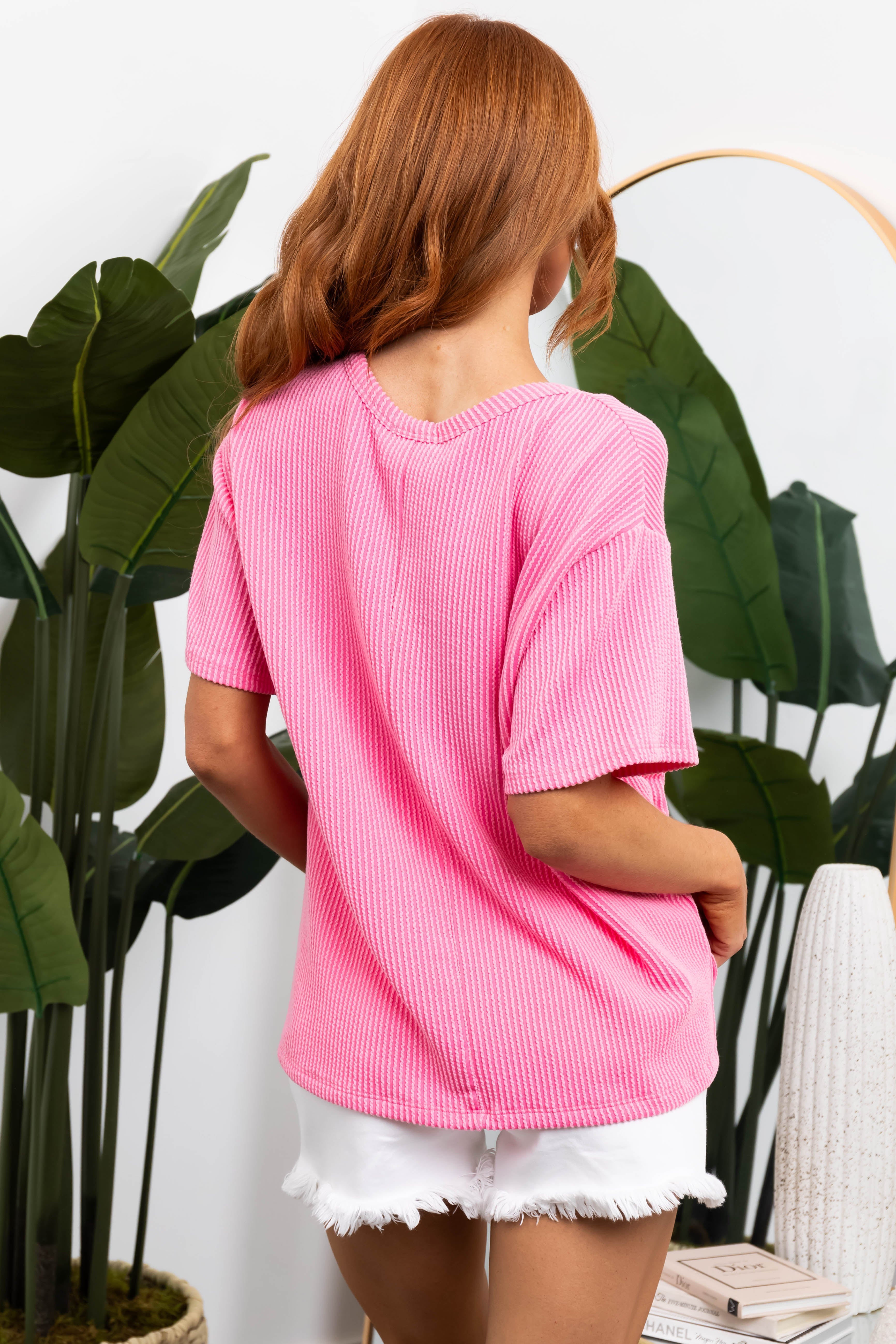 Pink Chest Pocket Wavy Ribbed Knit Top