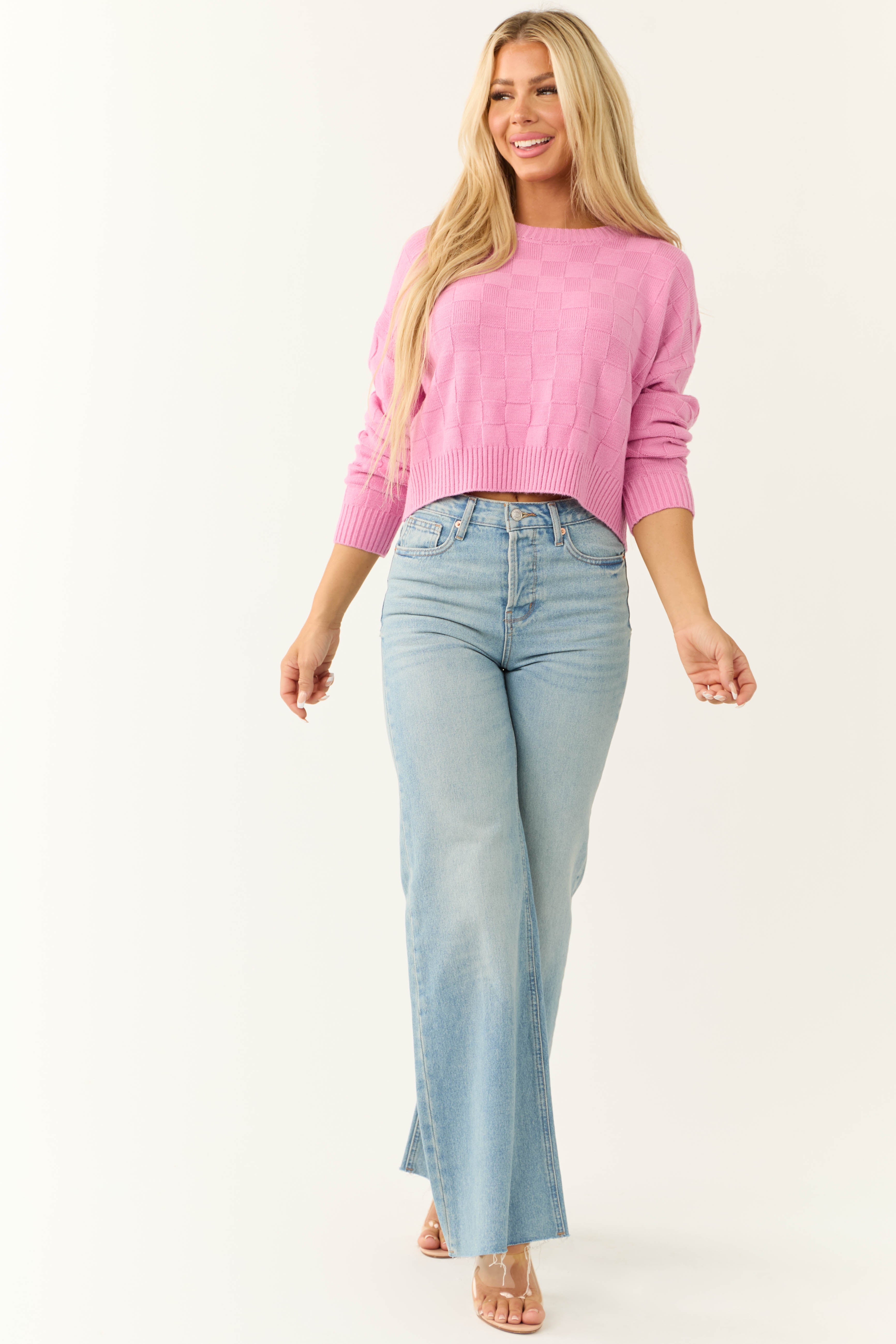 Pink Checkered Texture Long Sleeve Sweater