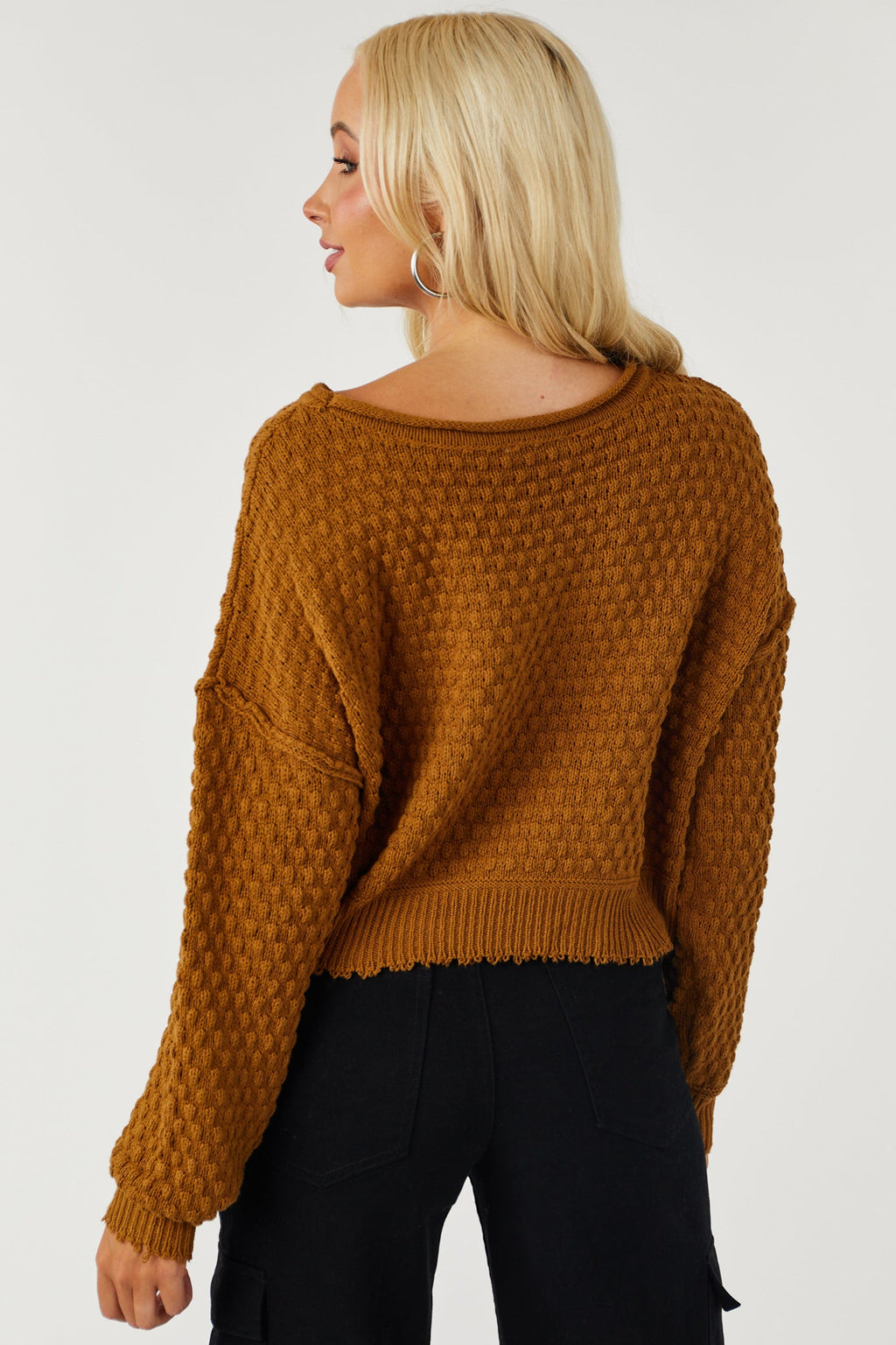 Brown Long Sleeve Cropped Textured Sweater