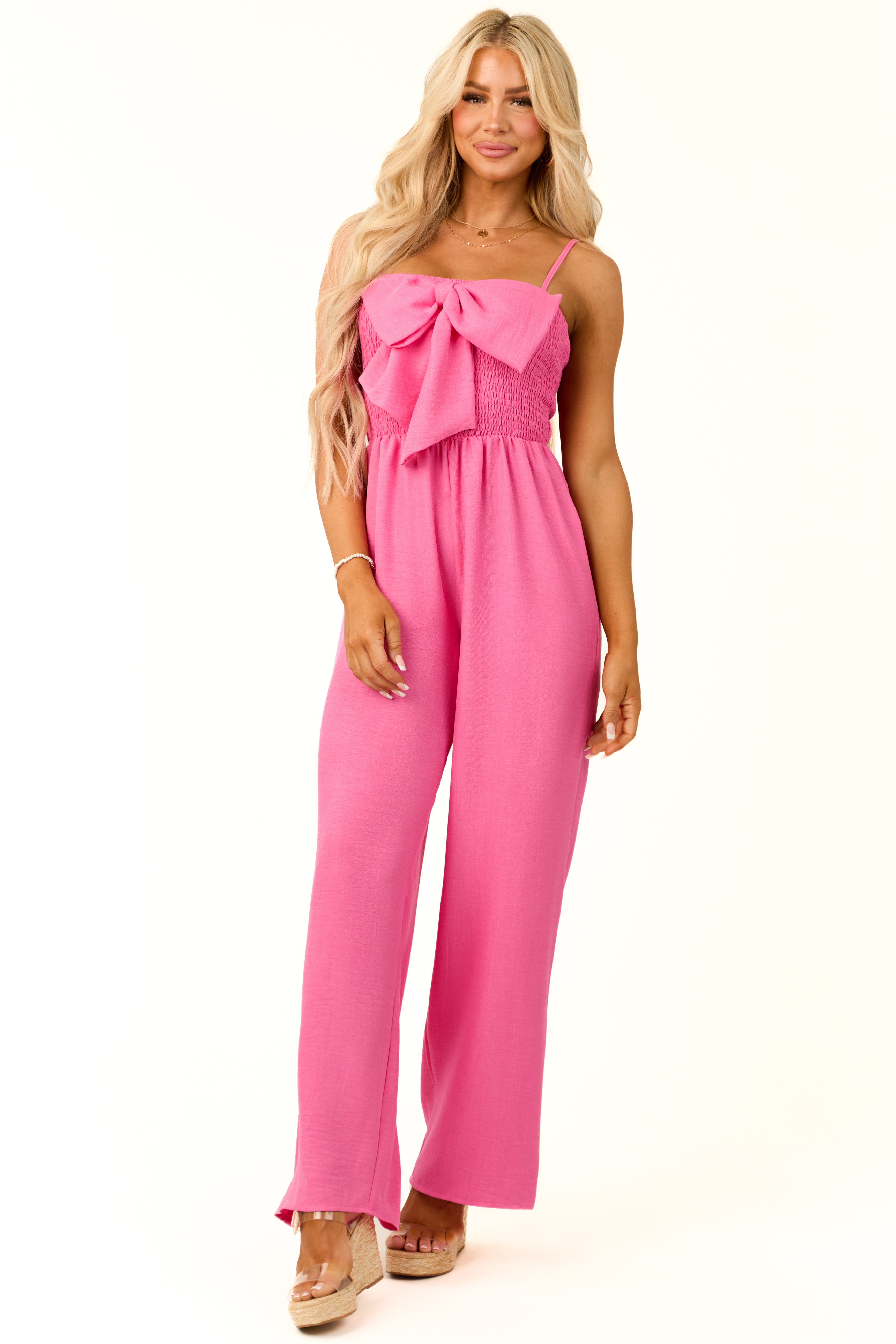 Pink Bow Front Smocked Jumpsuit