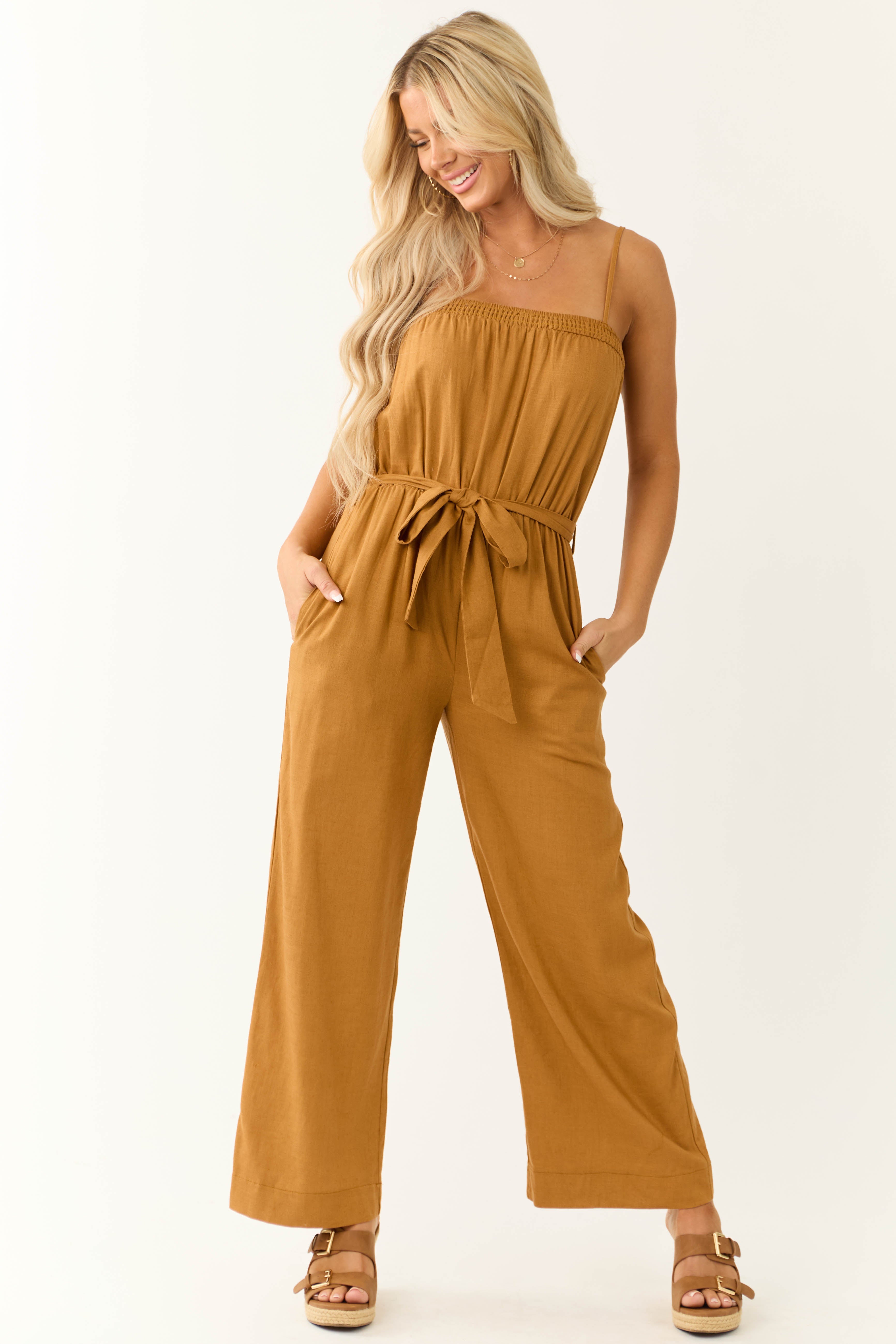 Brown Sleeveless Tie Waist Linen Jumpsuit