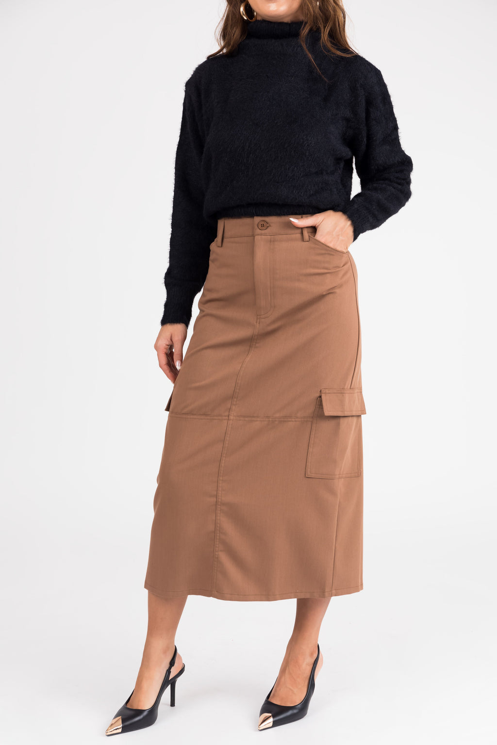 Brown Cargo Midi Skirt with Pockets