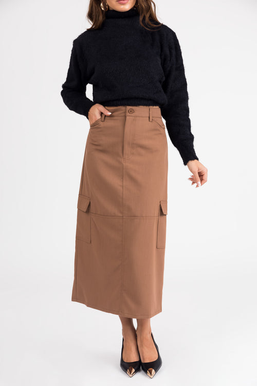Brown Cargo Midi Skirt with Pockets