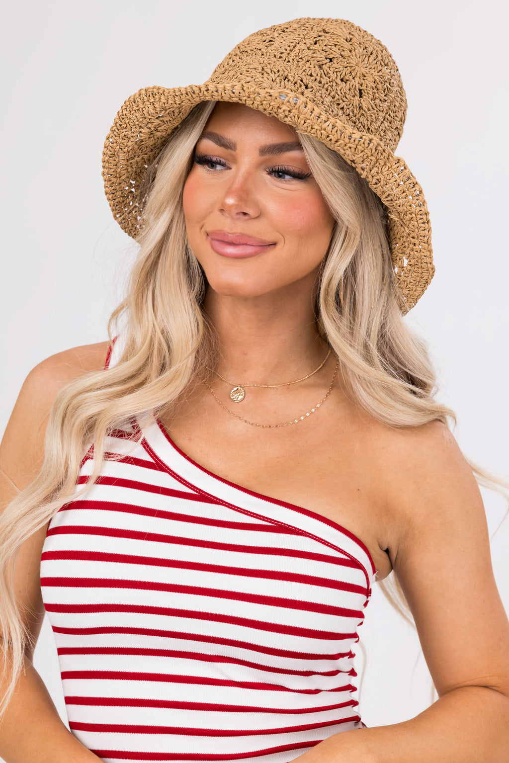 Brown Patterned Straw Bucket Hat