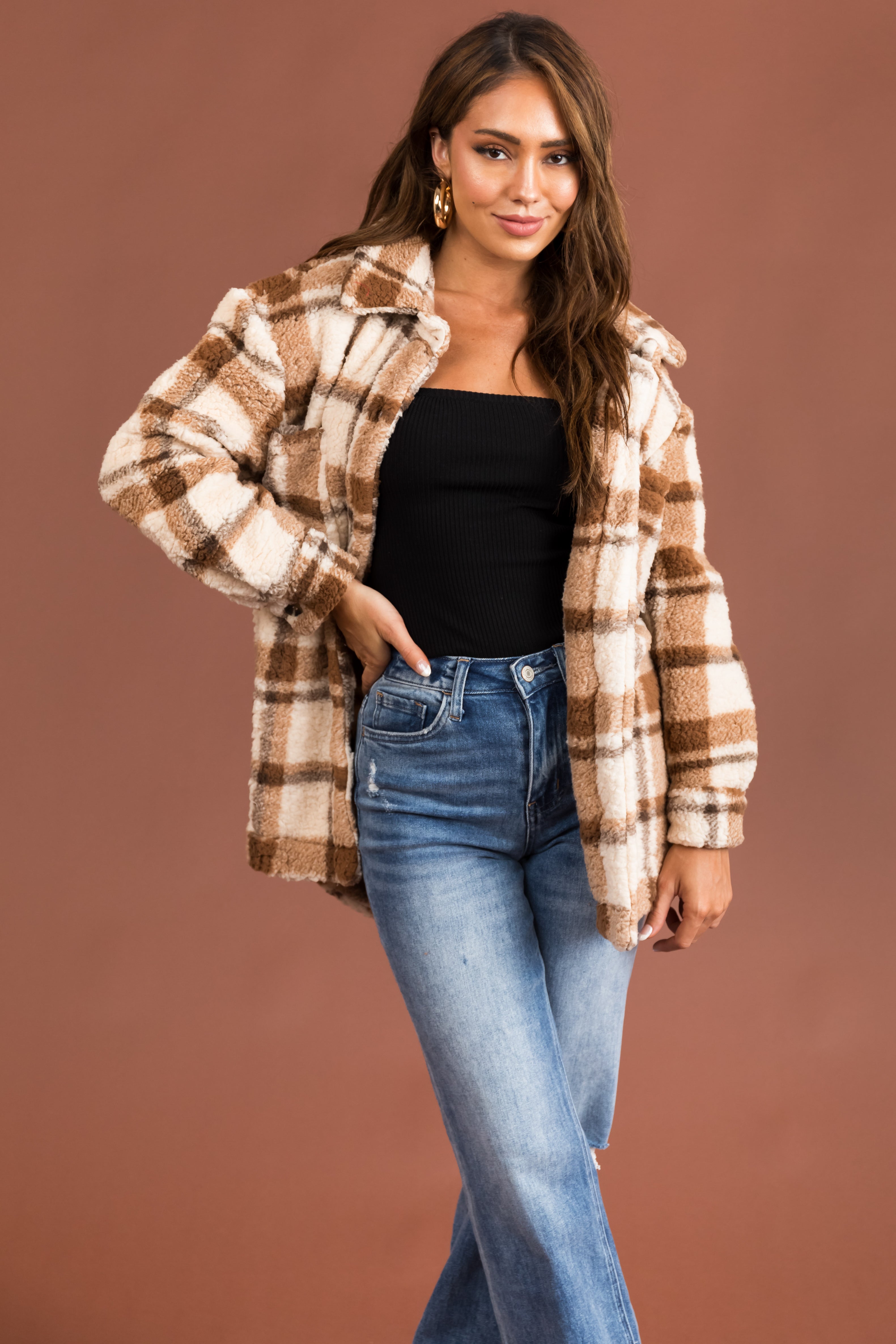 Brown Plaid Sherpa Button Down Shacket