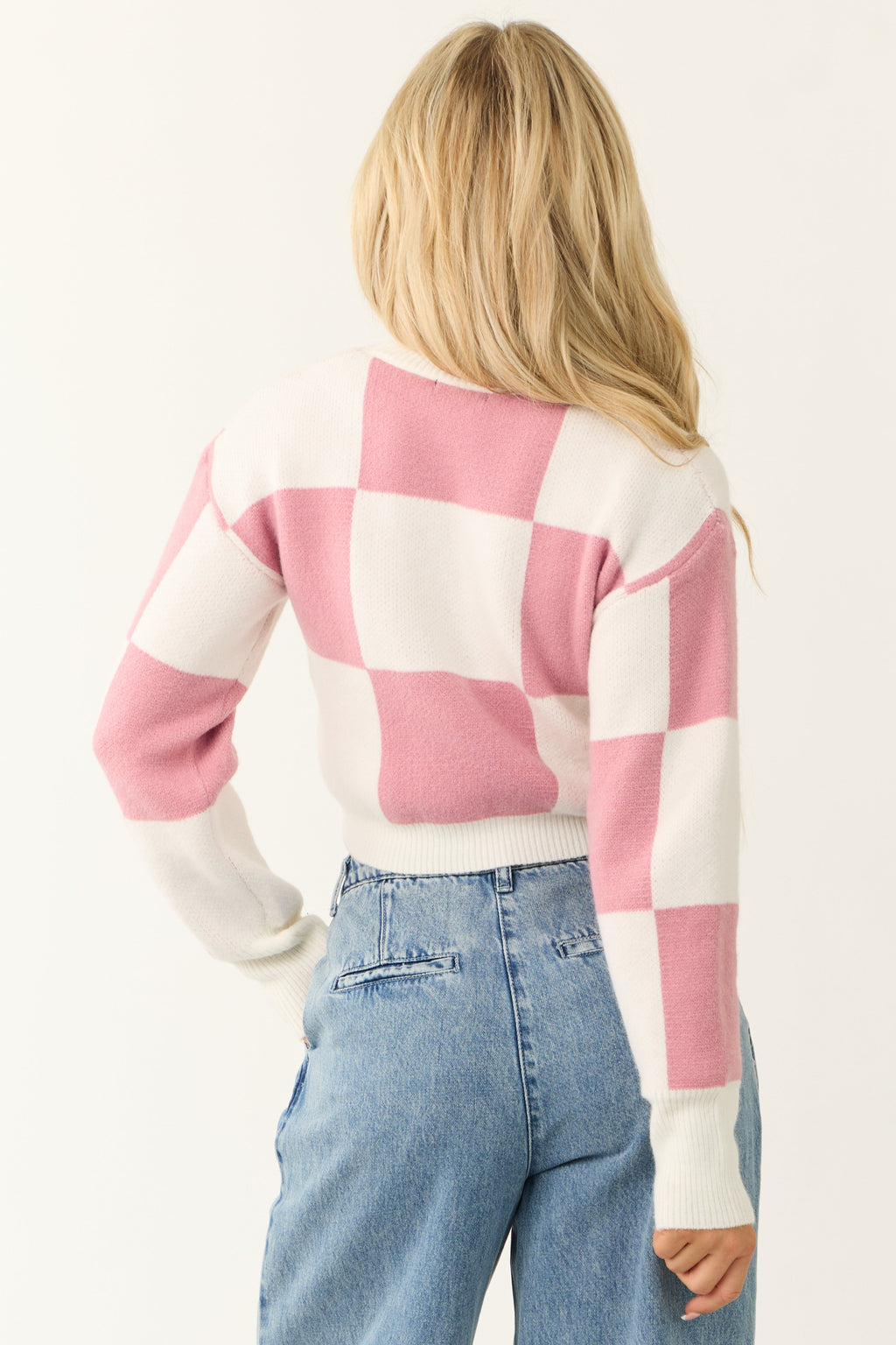 Pink and Ivory Checkered Crop Sweater