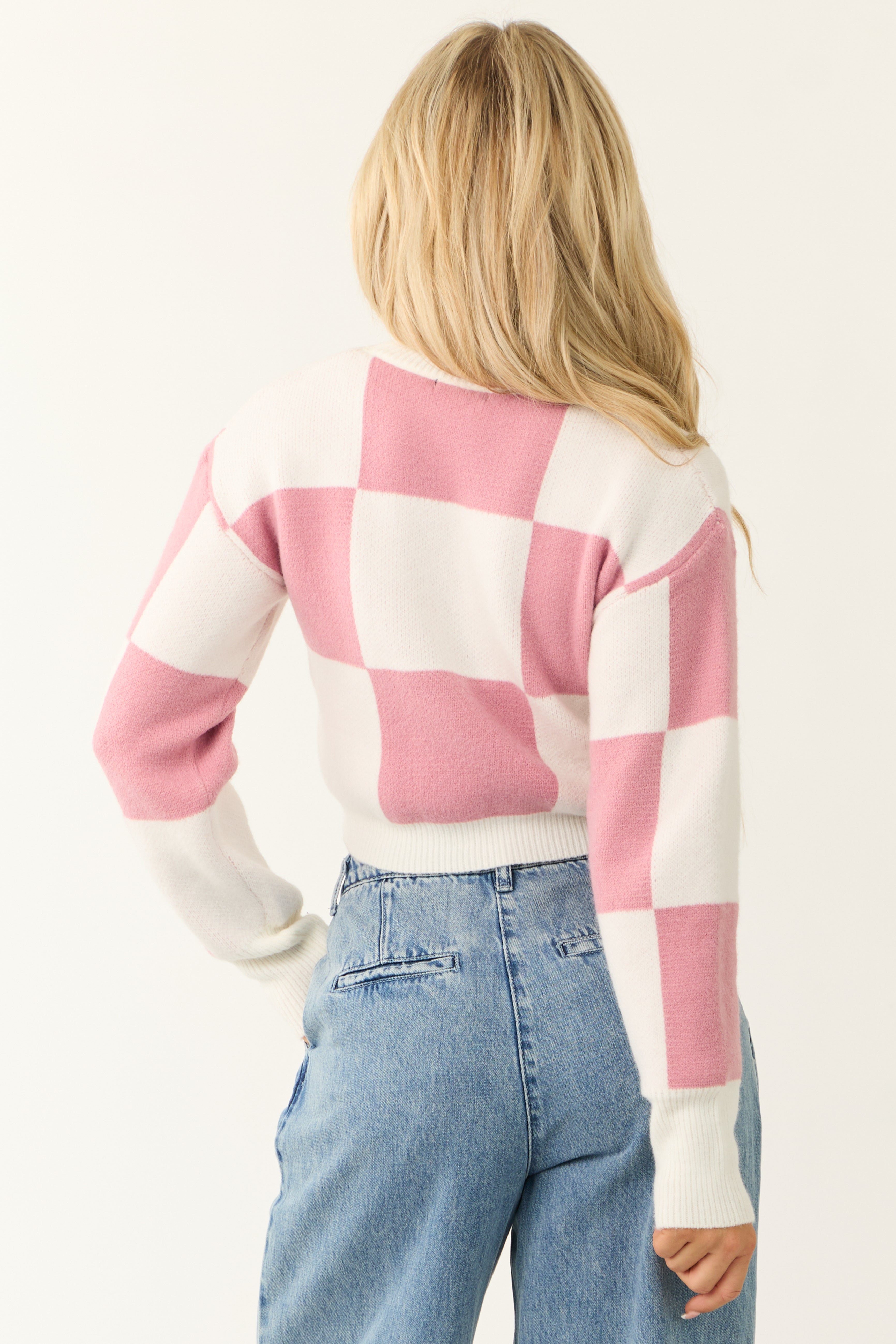 Pink and Ivory Checkered Crop Sweater