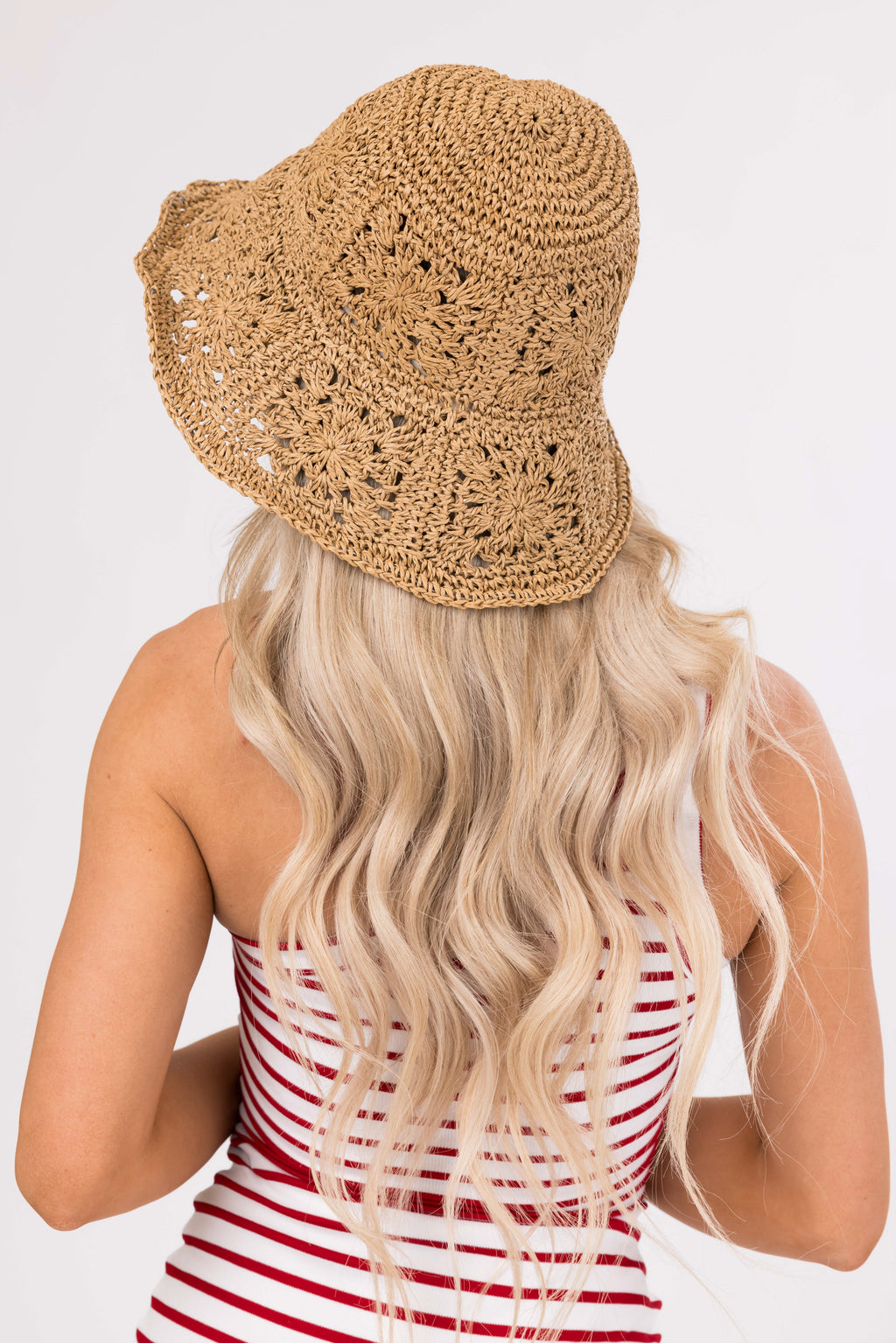 Brown Patterned Straw Bucket Hat