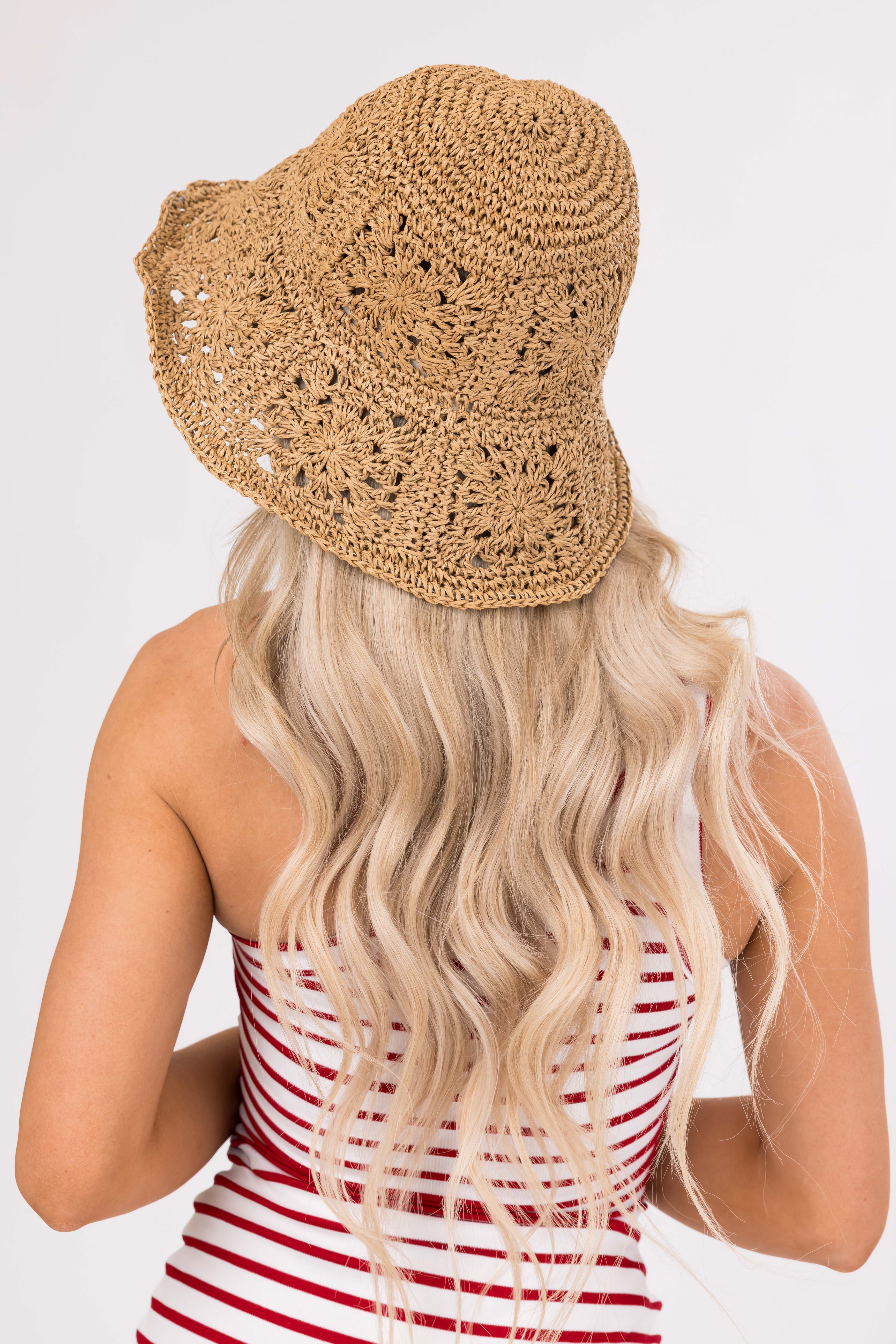 Brown Patterned Straw Bucket Hat